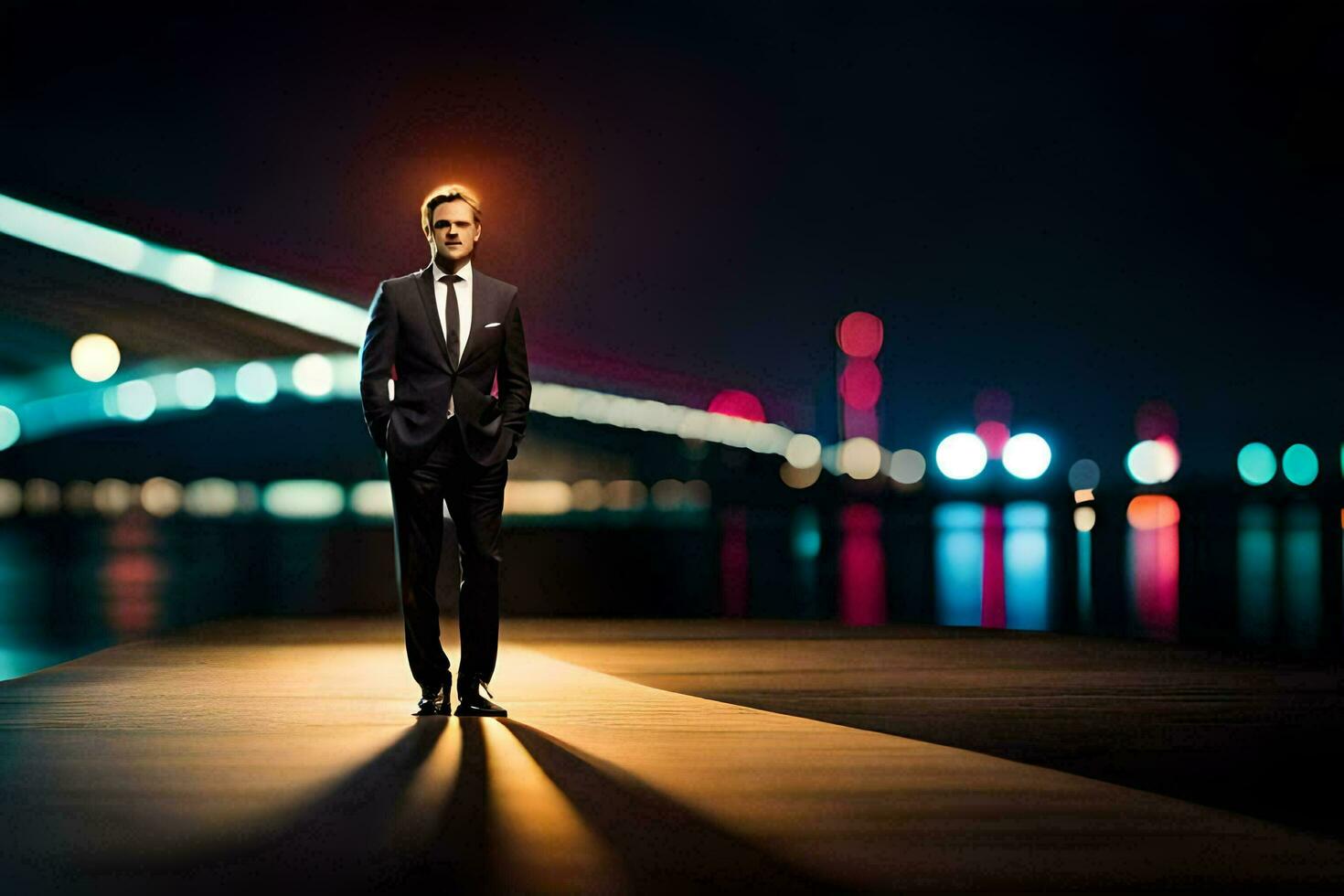 un hombre en un traje soportes en un muelle a noche. generado por ai foto