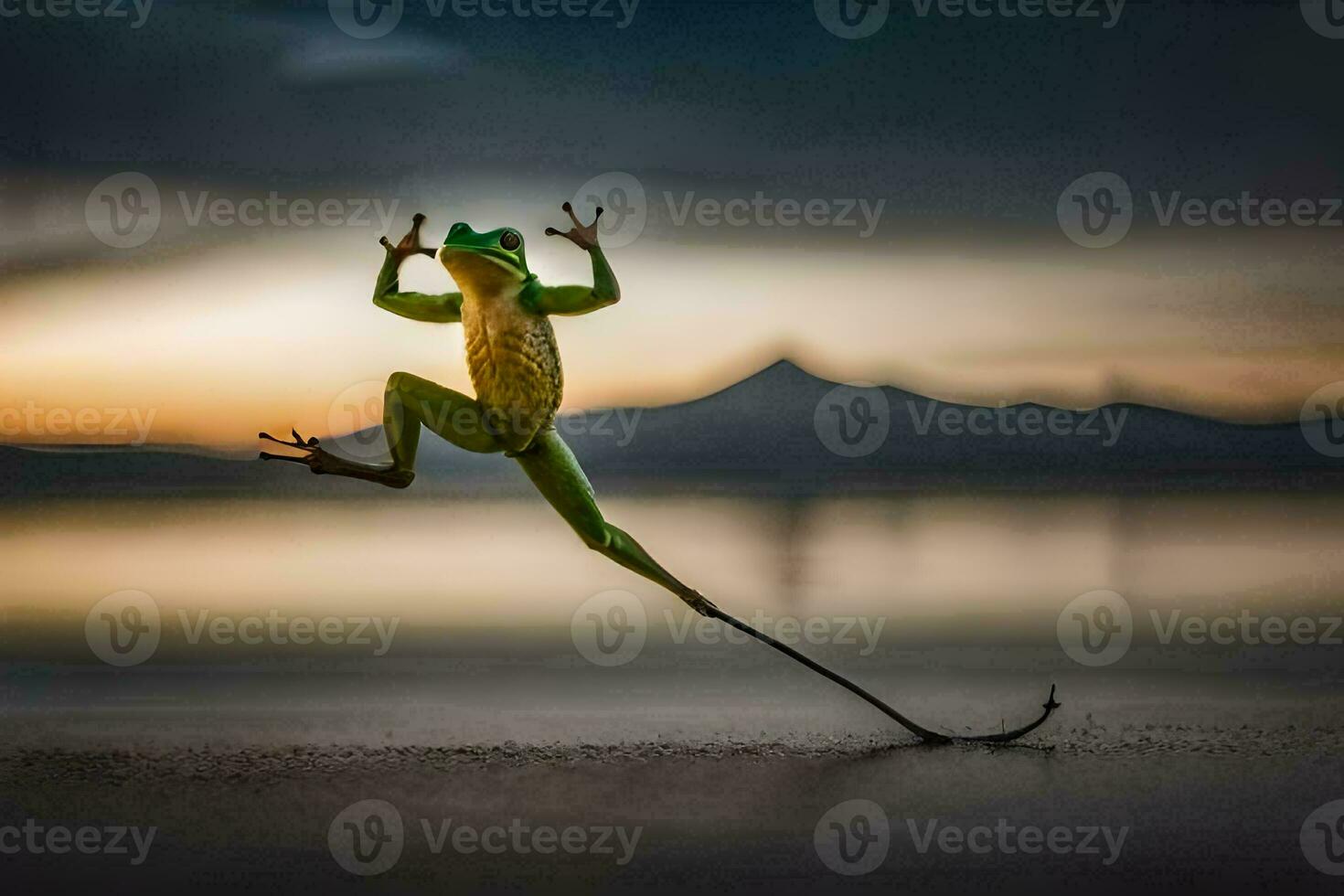 a frog jumping on the beach at sunset. AI-Generated photo