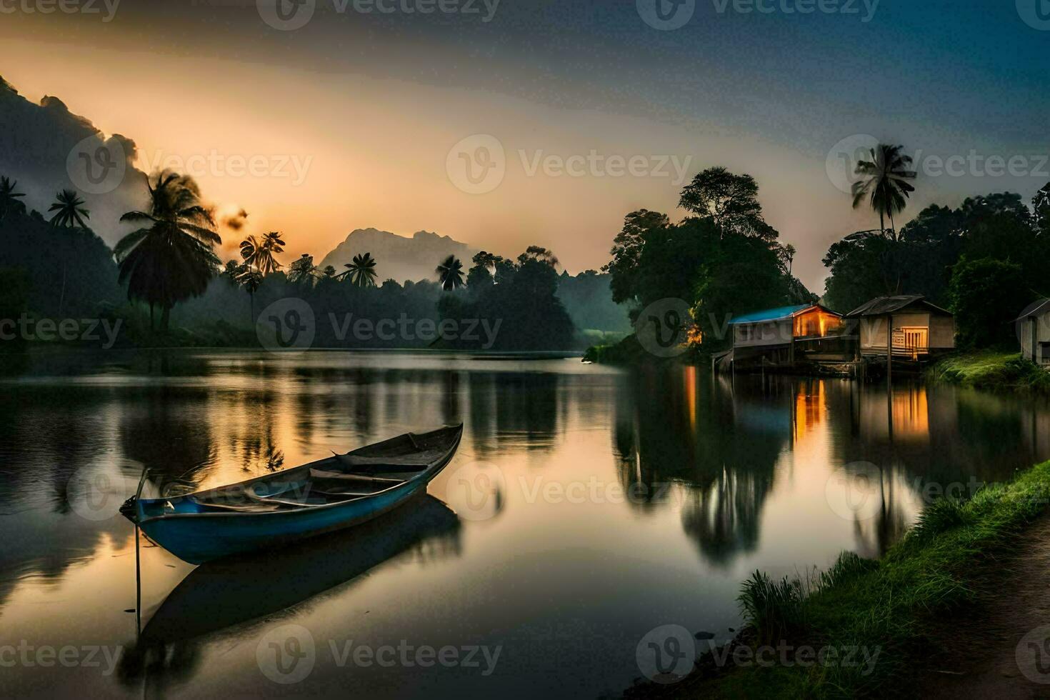 a boat sits on the water at sunset. AI-Generated photo