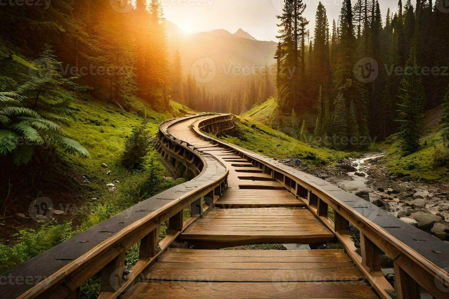 un de madera camino Guías a un montaña arroyo. generado por ai foto