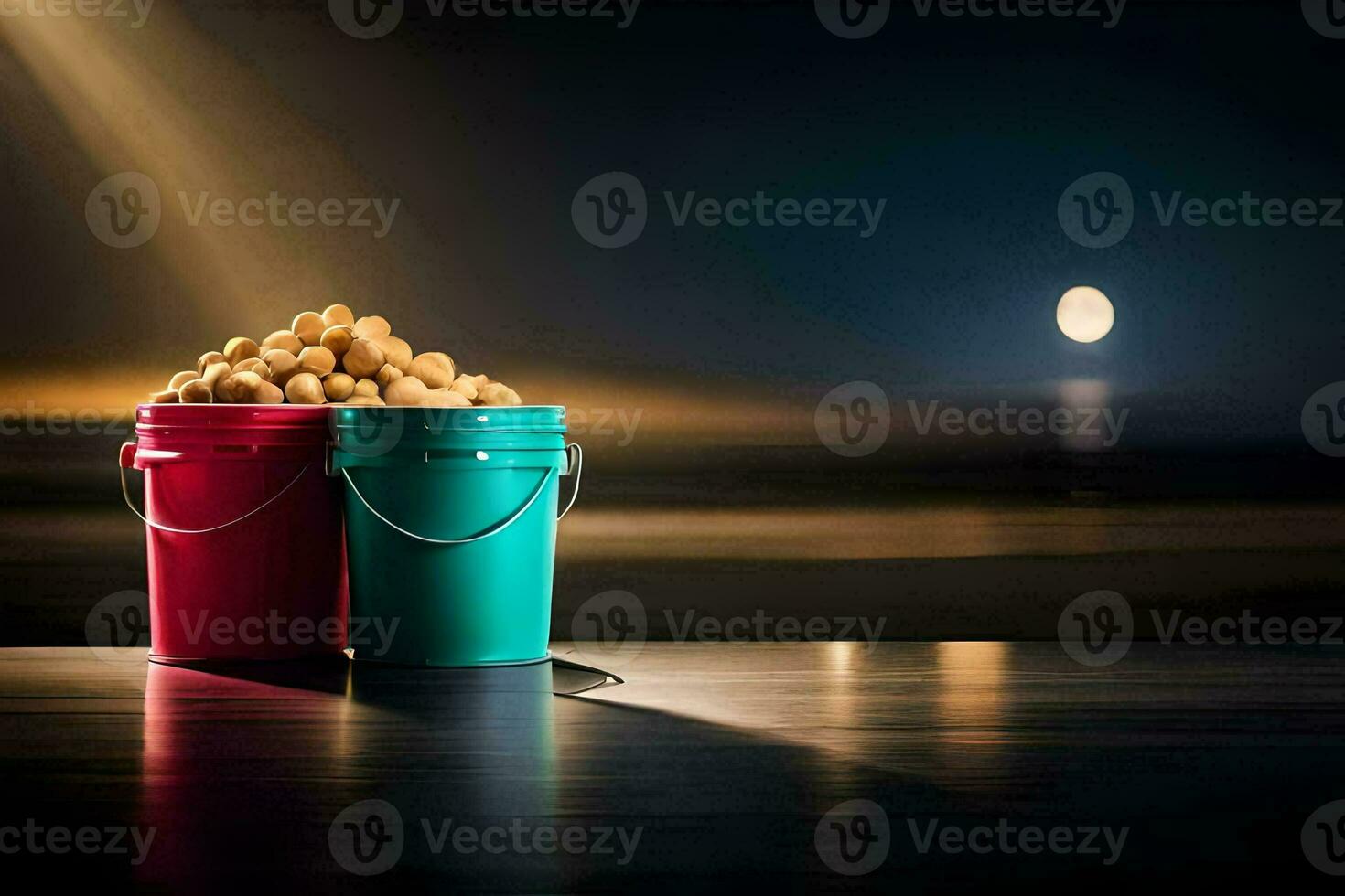two buckets of peanuts sit on a table in front of a full moon. AI-Generated photo