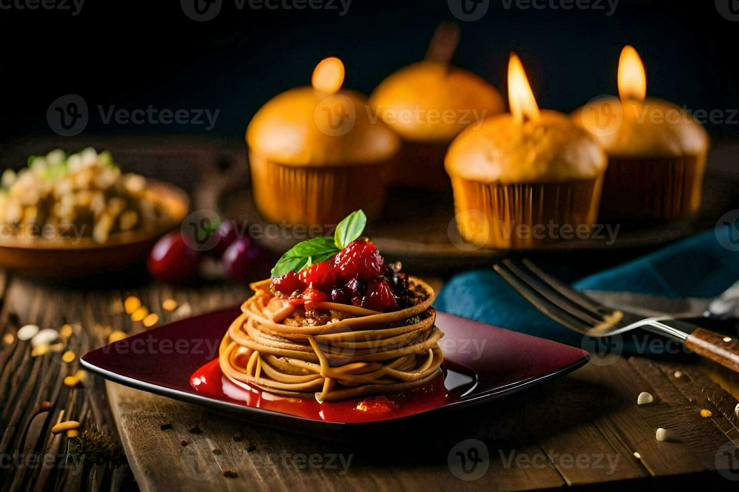spaghetti with cherry sauce and berries on a plate. AI-Generated photo
