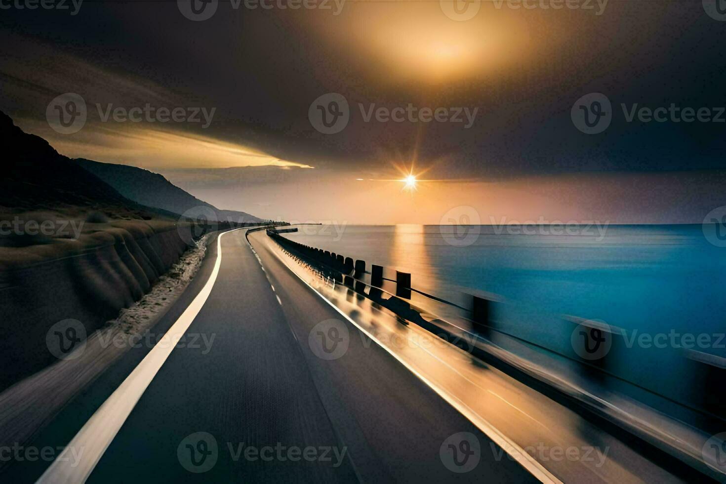 a long exposure photograph of a road with the sun setting over the ocean. AI-Generated photo