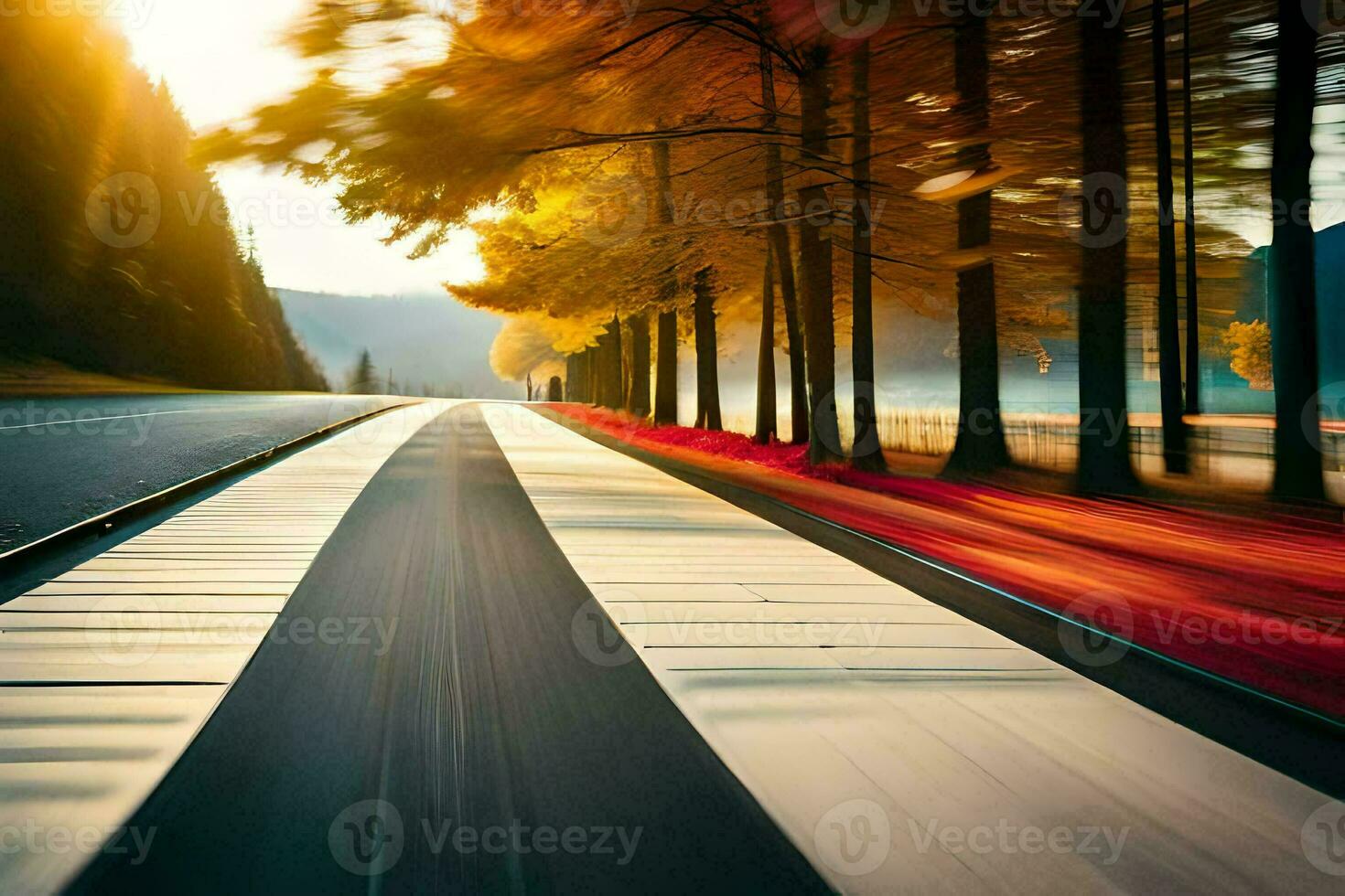 a road with trees and a sun setting in the background. AI-Generated photo