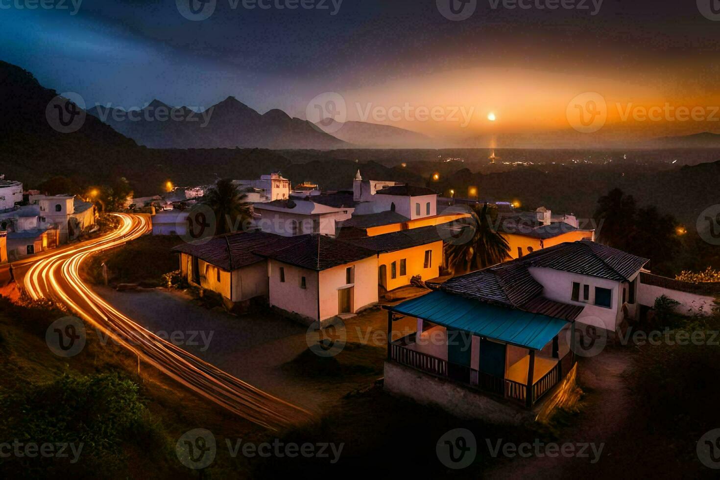 a village at dusk with a long exposure photo. AI-Generated photo