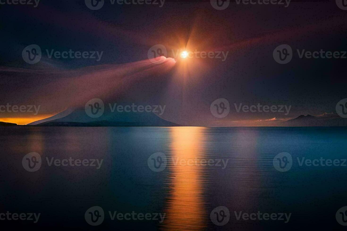 the moon is shining over a mountain and water. AI-Generated photo
