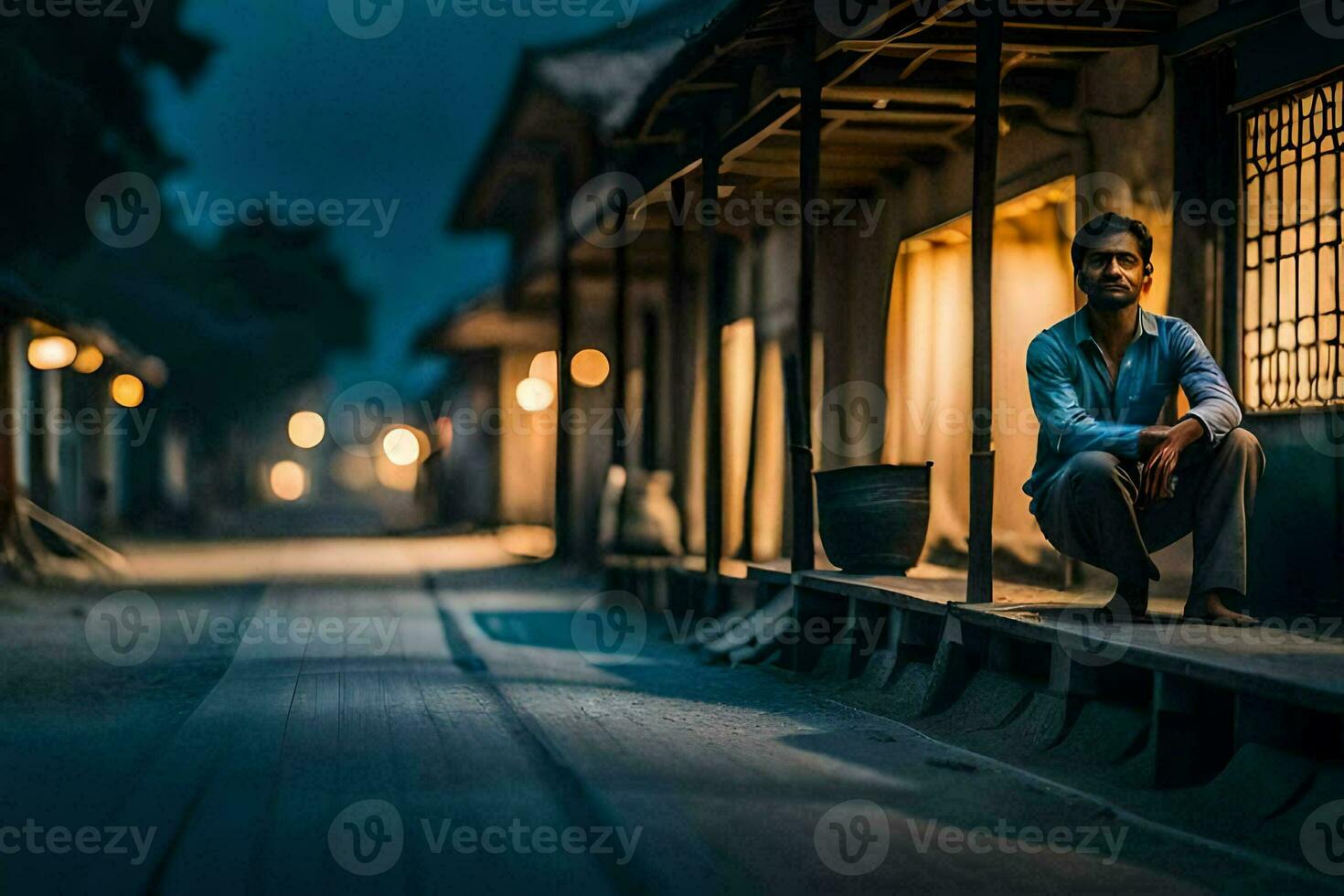 a man sitting on the side of a train track at night. AI-Generated photo