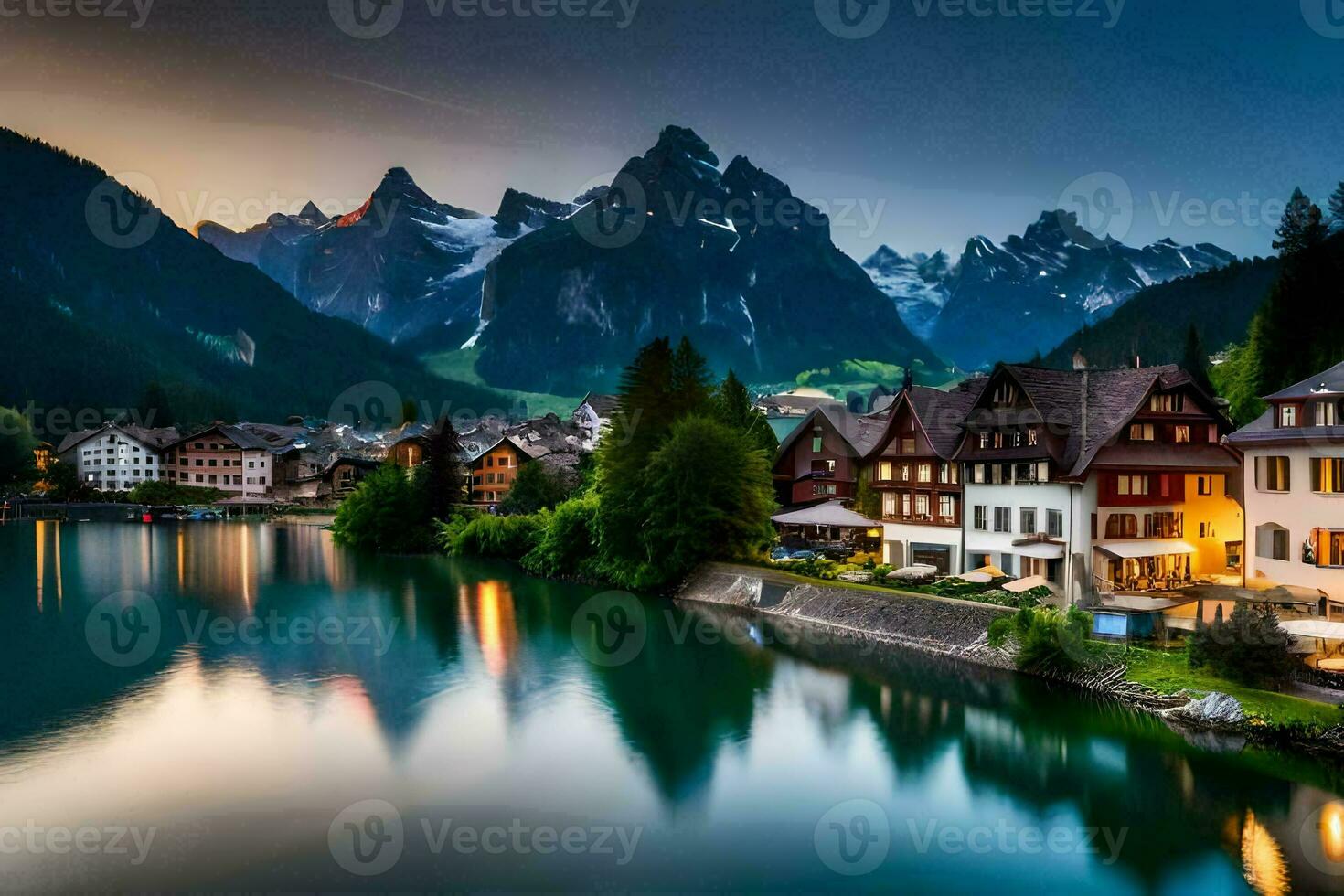 photo wallpaper mountains, lake, house, switzerland, alps, switzerland, alps. AI-Generated