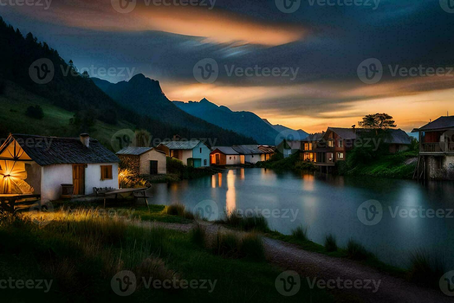photo wallpaper the sky, mountains, lake, house, sunset, the mountains, lake, house. AI-Generated