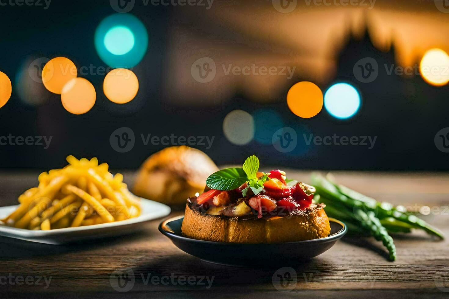 el comida es servido en un de madera mesa con un borroso antecedentes. generado por ai foto