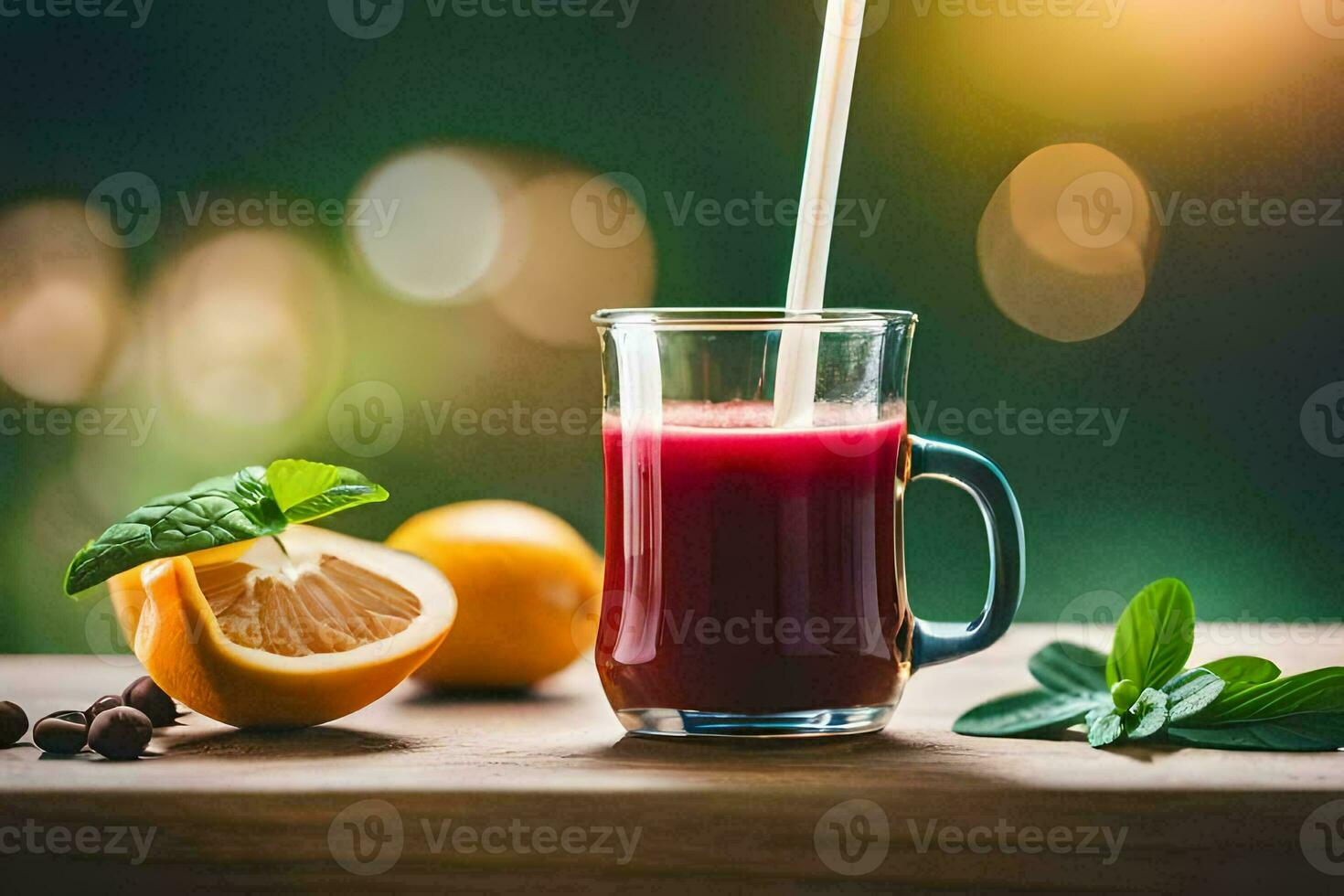 a glass of juice with a straw and oranges. AI-Generated photo