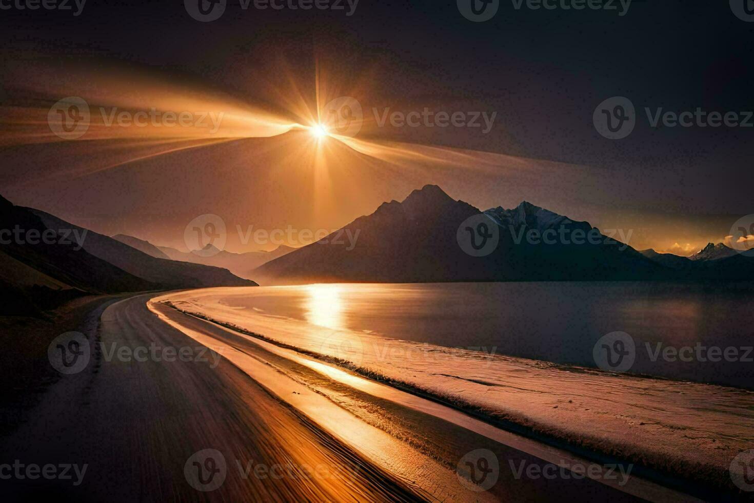 the sun shines over a lake and mountains. AI-Generated photo