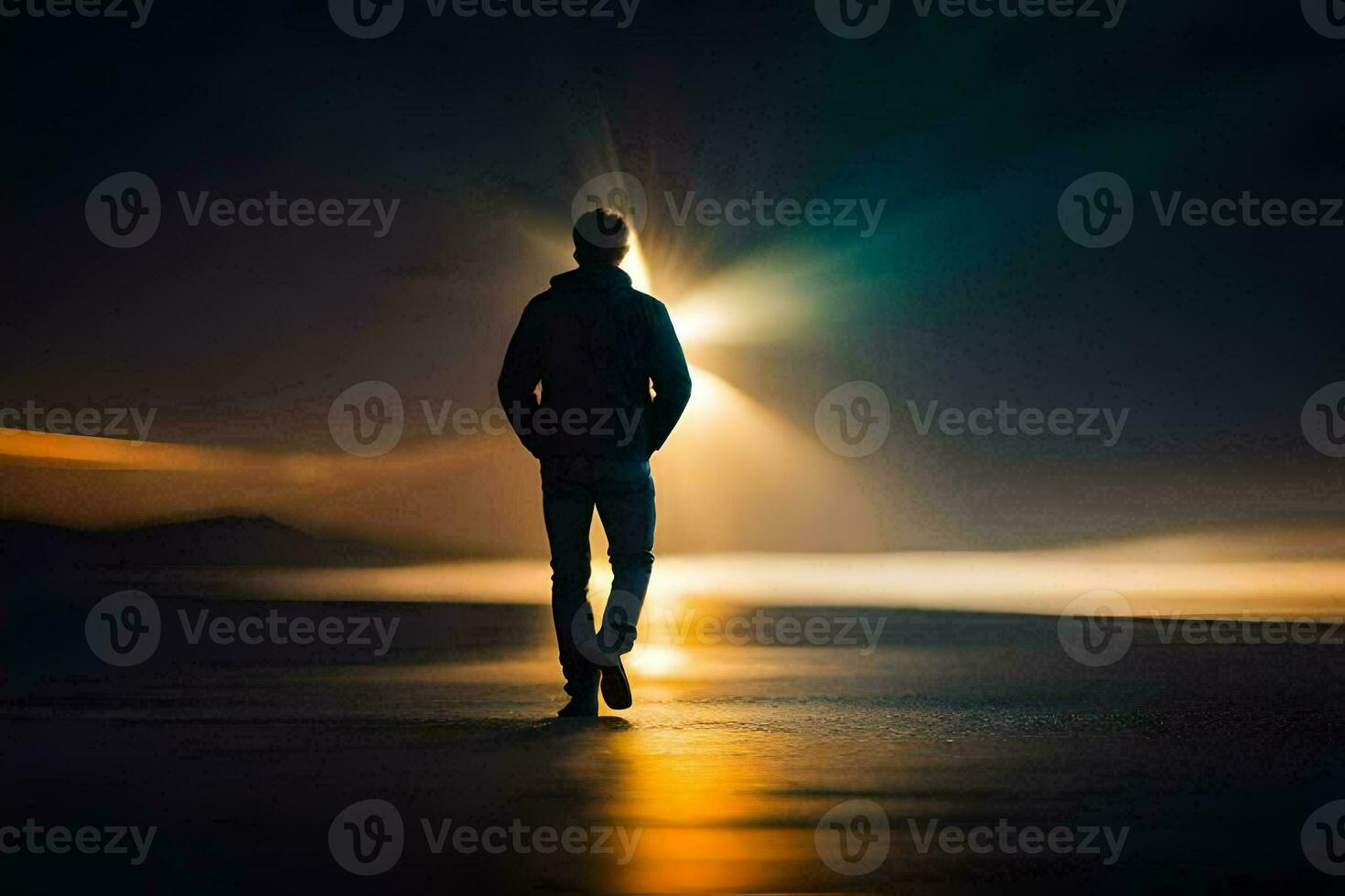 un hombre caminando en el playa a noche. generado por ai foto