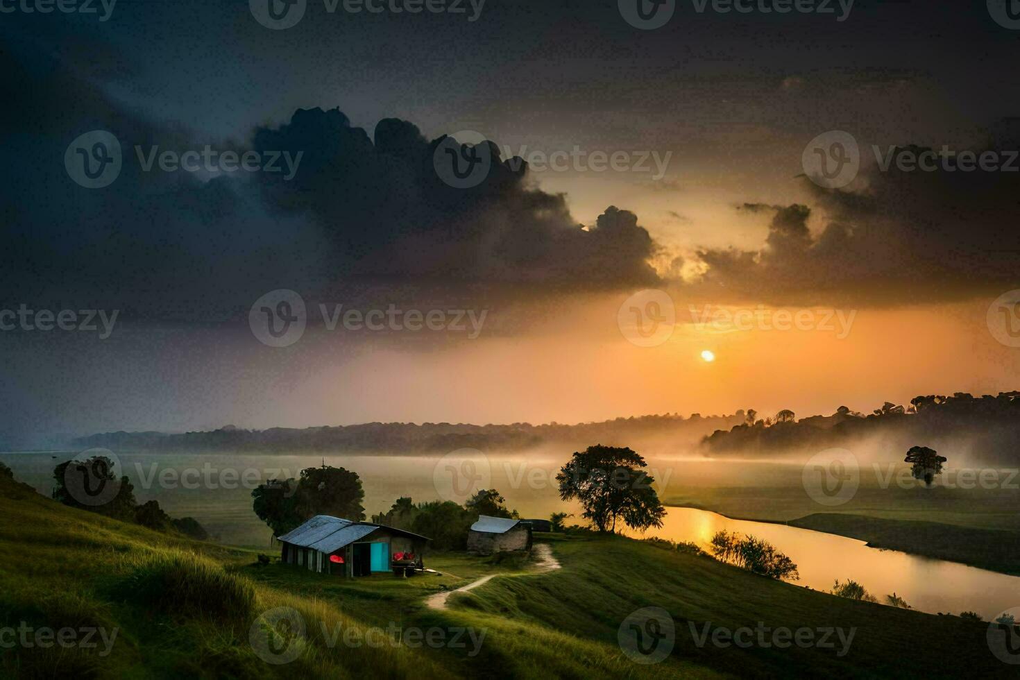 the sun rises over the lake and the house in the middle. AI-Generated photo