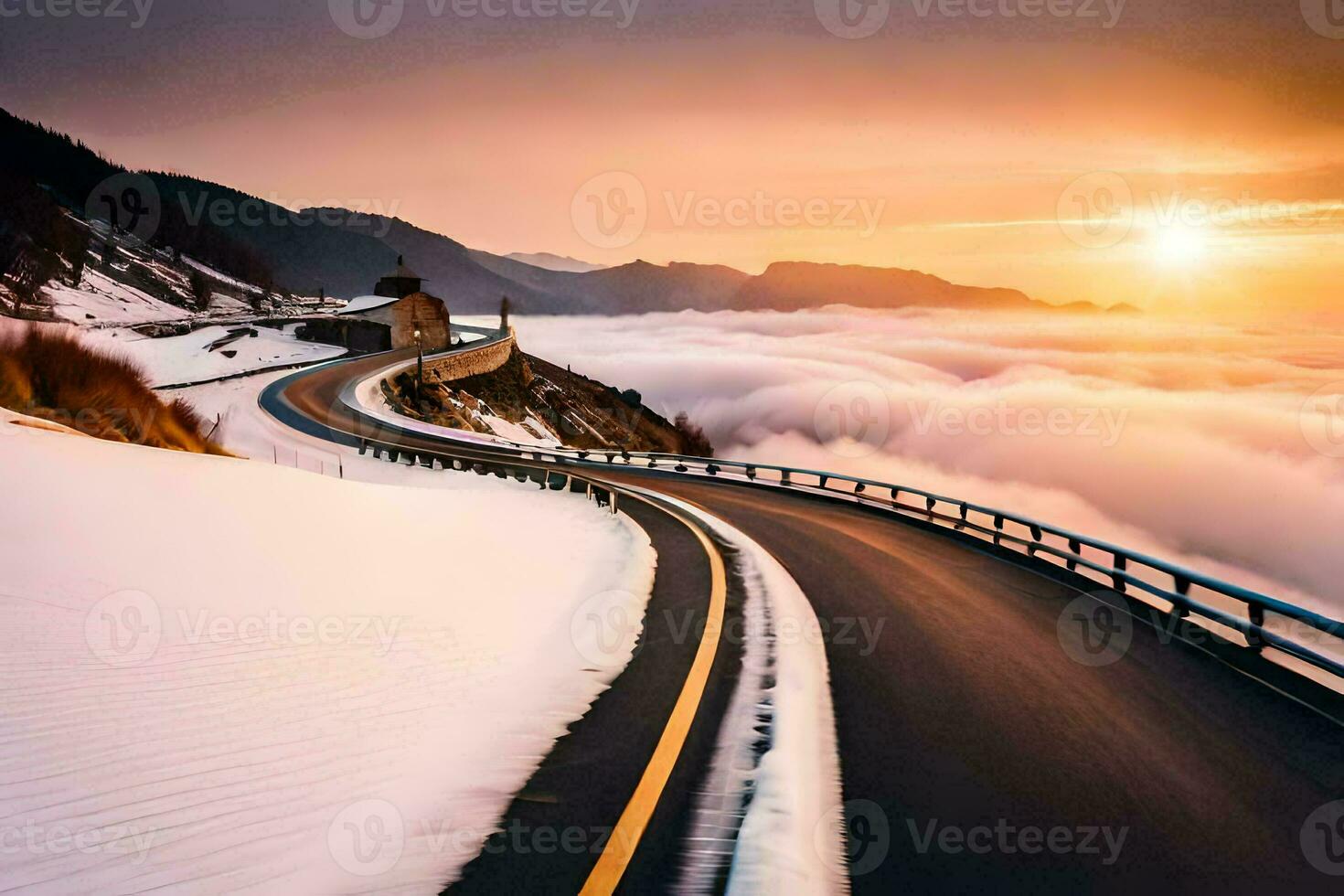 a road in the snow with a sunset behind it. AI-Generated photo