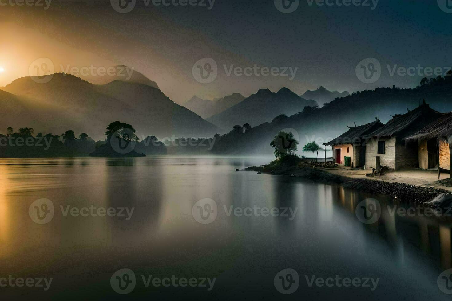 a house on the shore of a lake at sunrise. AI-Generated photo