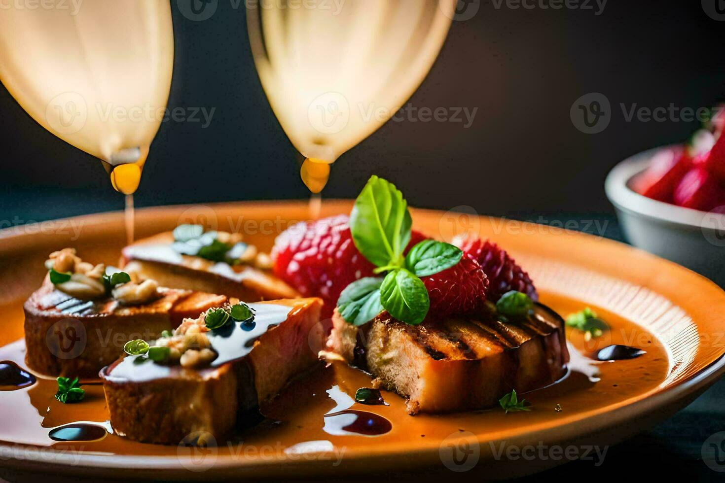 a plate with strawberries and meat on it. AI-Generated photo