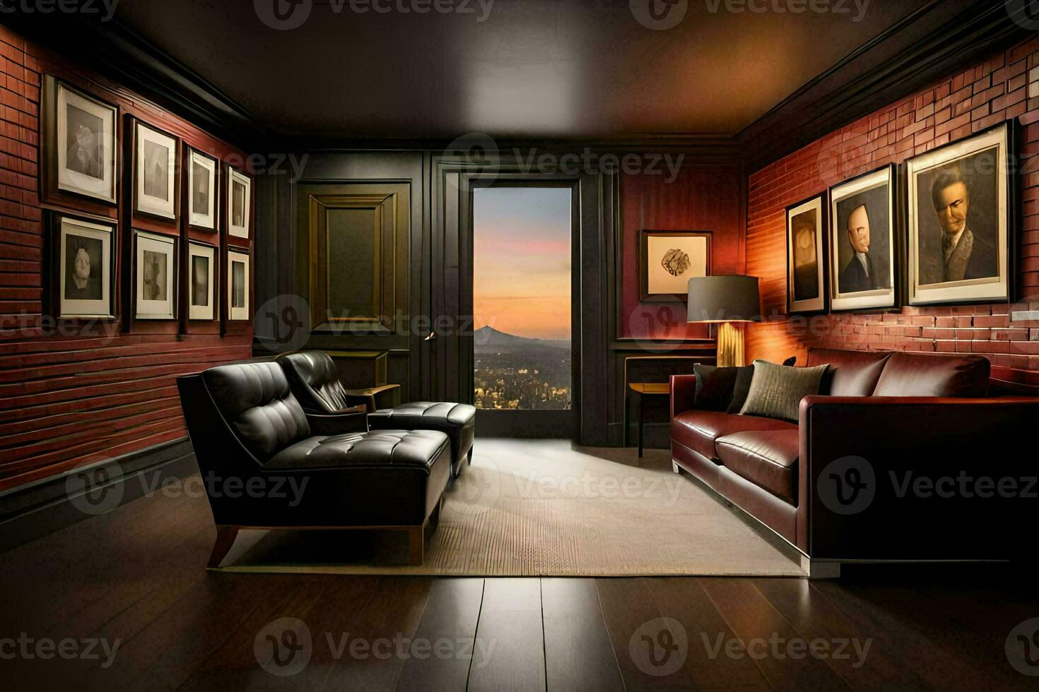 a living room with red walls and black leather furniture. AI-Generated photo