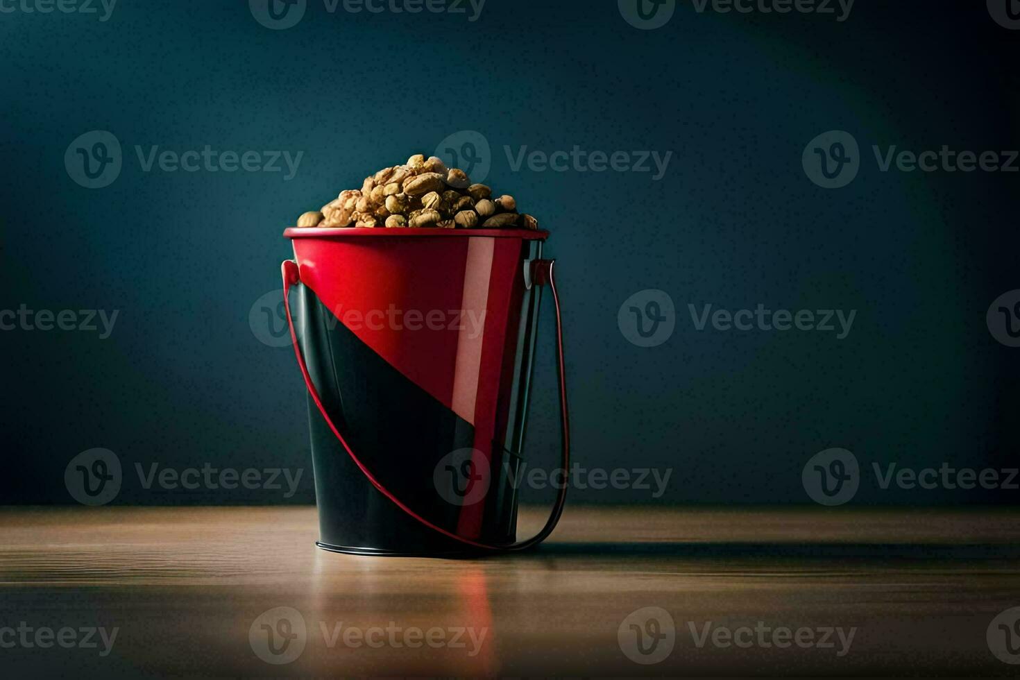 a red bucket filled with peanuts on a wooden table. AI-Generated photo