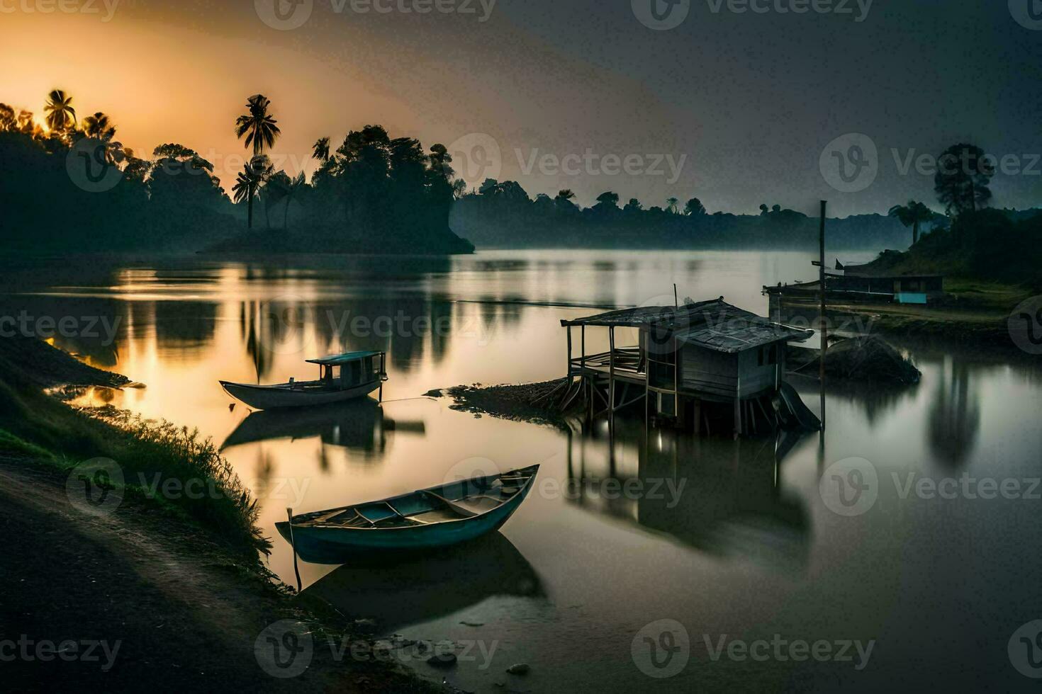 boats are docked on the shore of a lake at sunset. AI-Generated photo