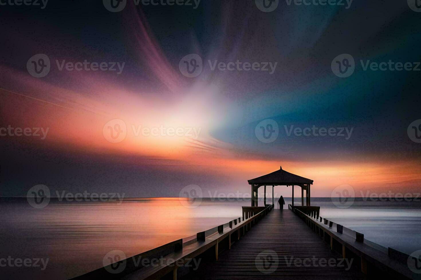 un muelle con un Kiosko a puesta de sol. generado por ai foto