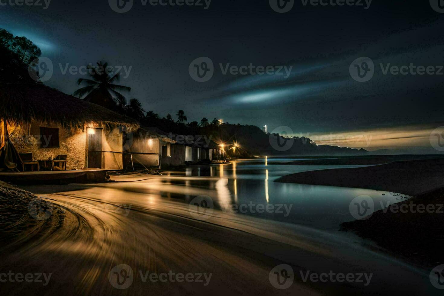 a long exposure photograph of a beach at night. AI-Generated photo