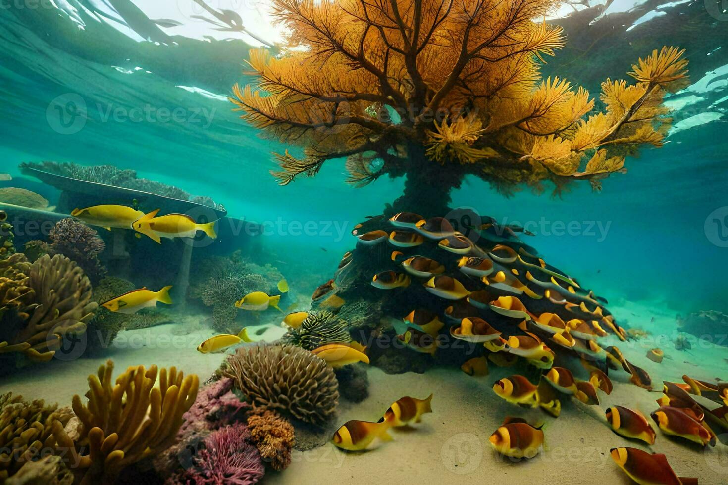 a coral reef with many fish and an orange tree. AI-Generated photo