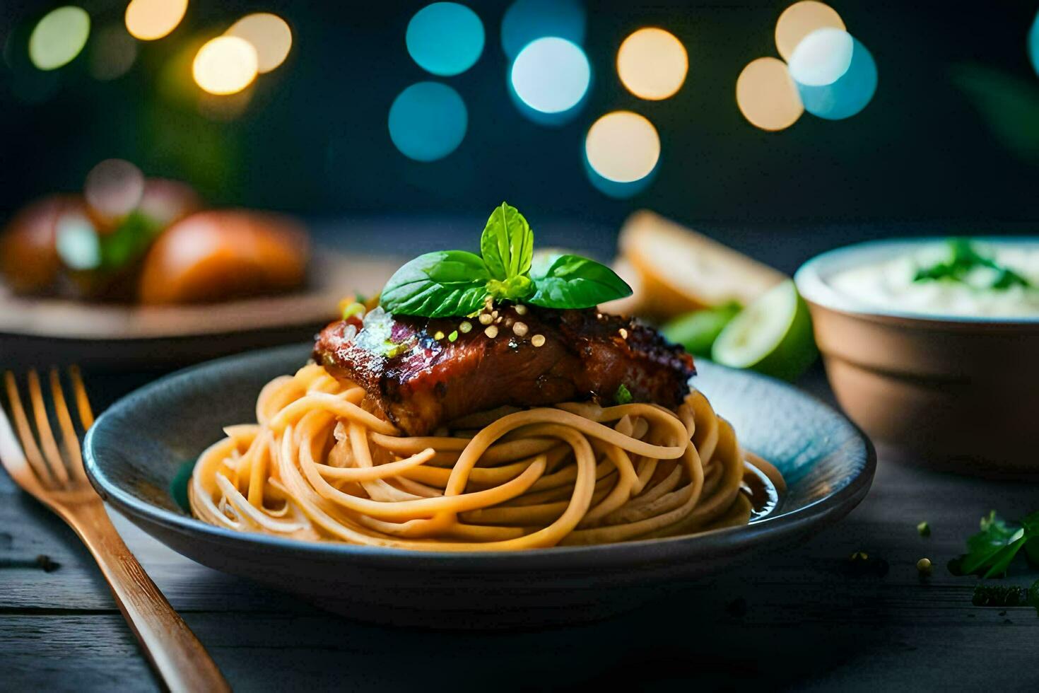 spaghetti with meat and sauce on a plate. AI-Generated photo