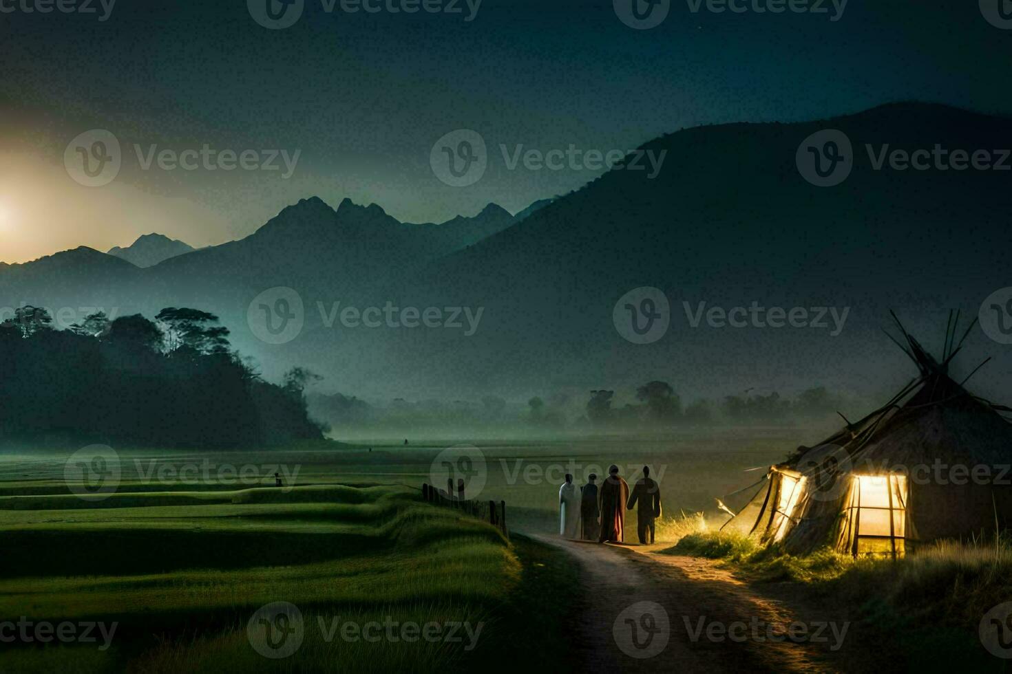 the moonlight on the rice fields. AI-Generated photo