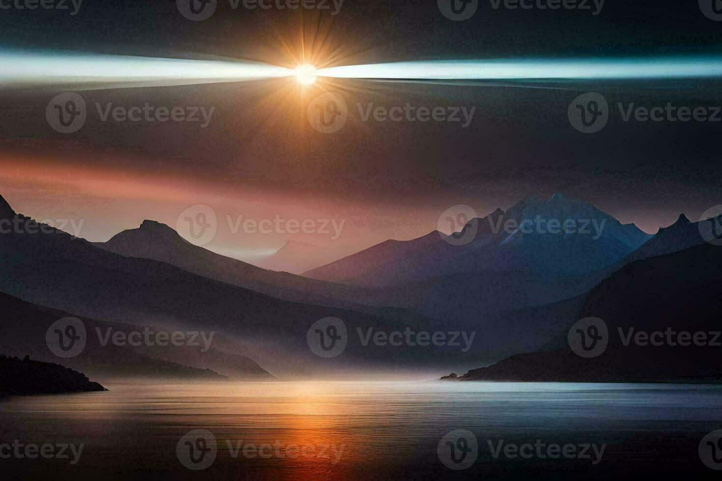 the sun shines over a mountain range and lake. AI-Generated photo