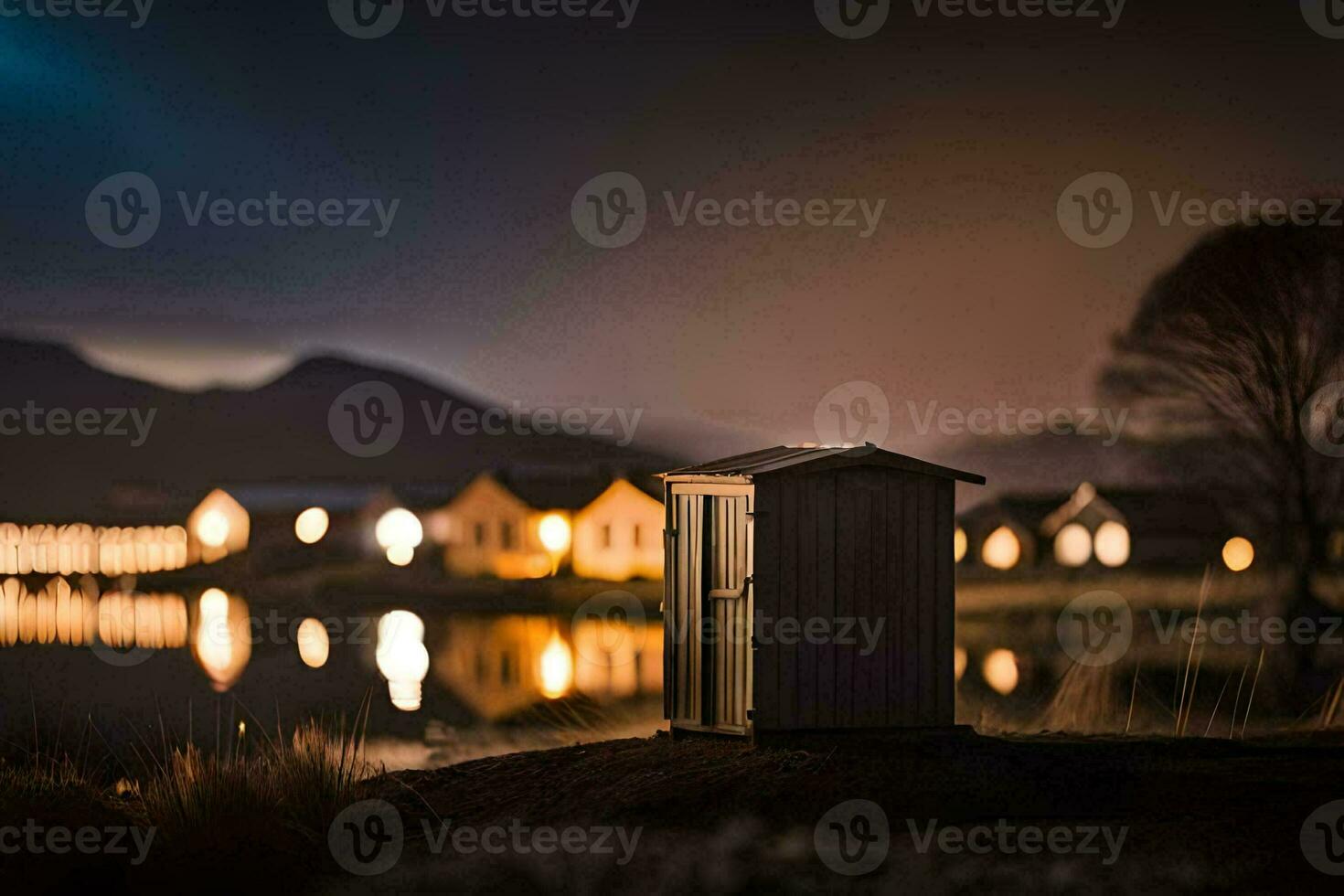 a small outhouse sits in the middle of a lake at night. AI-Generated photo