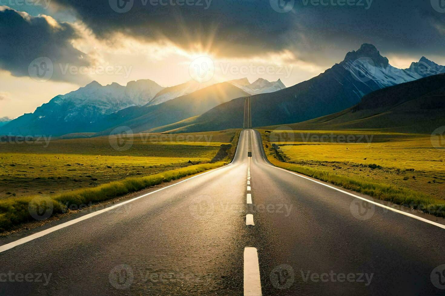 a long road with the sun shining in the distance. AI-Generated photo