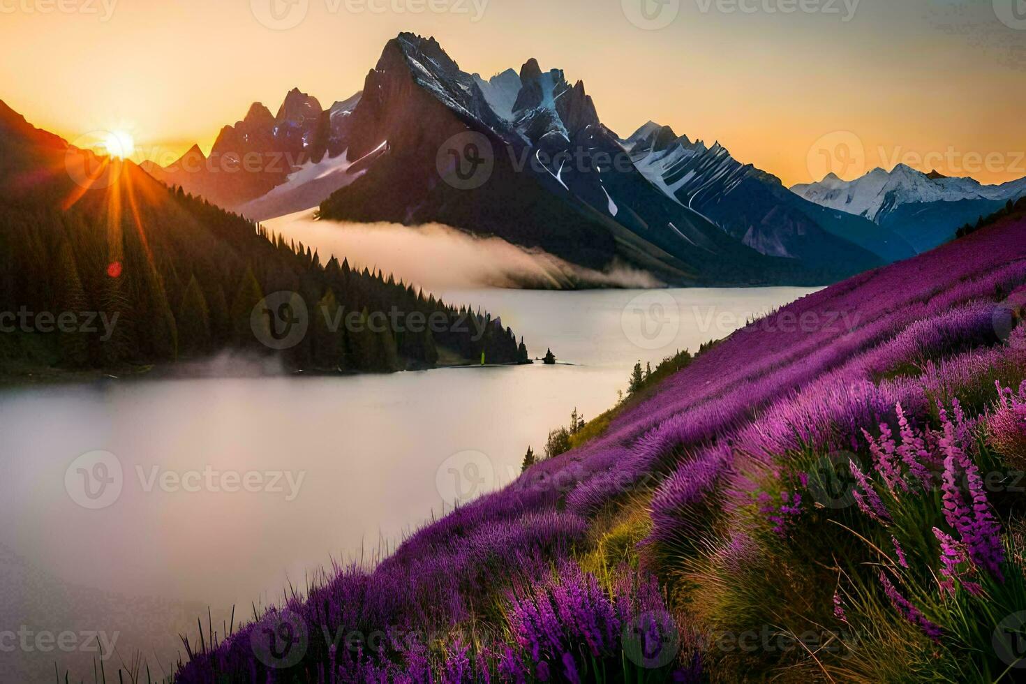 the sun rises over the mountains and the lavender fields. AI-Generated photo