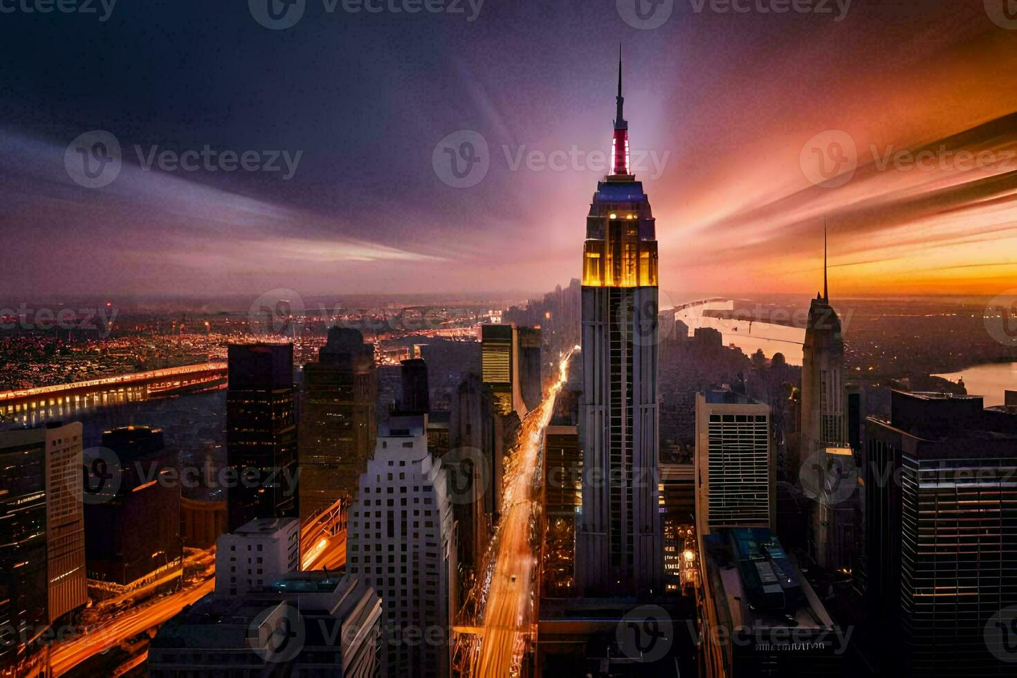 the empire state building is lit up at sunset. AI-Generated photo