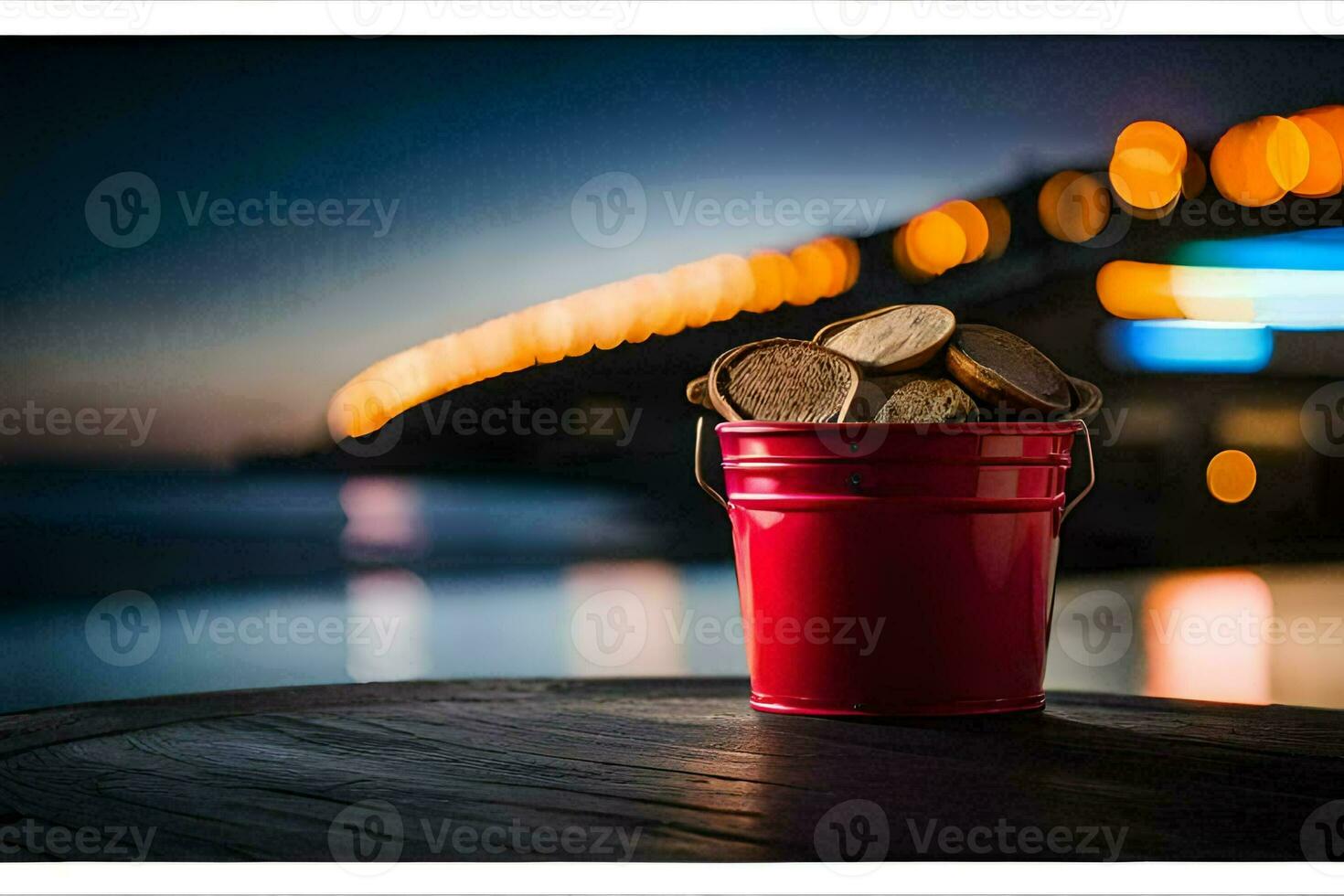 un rojo Cubeta con monedas sentado en un mesa. generado por ai foto