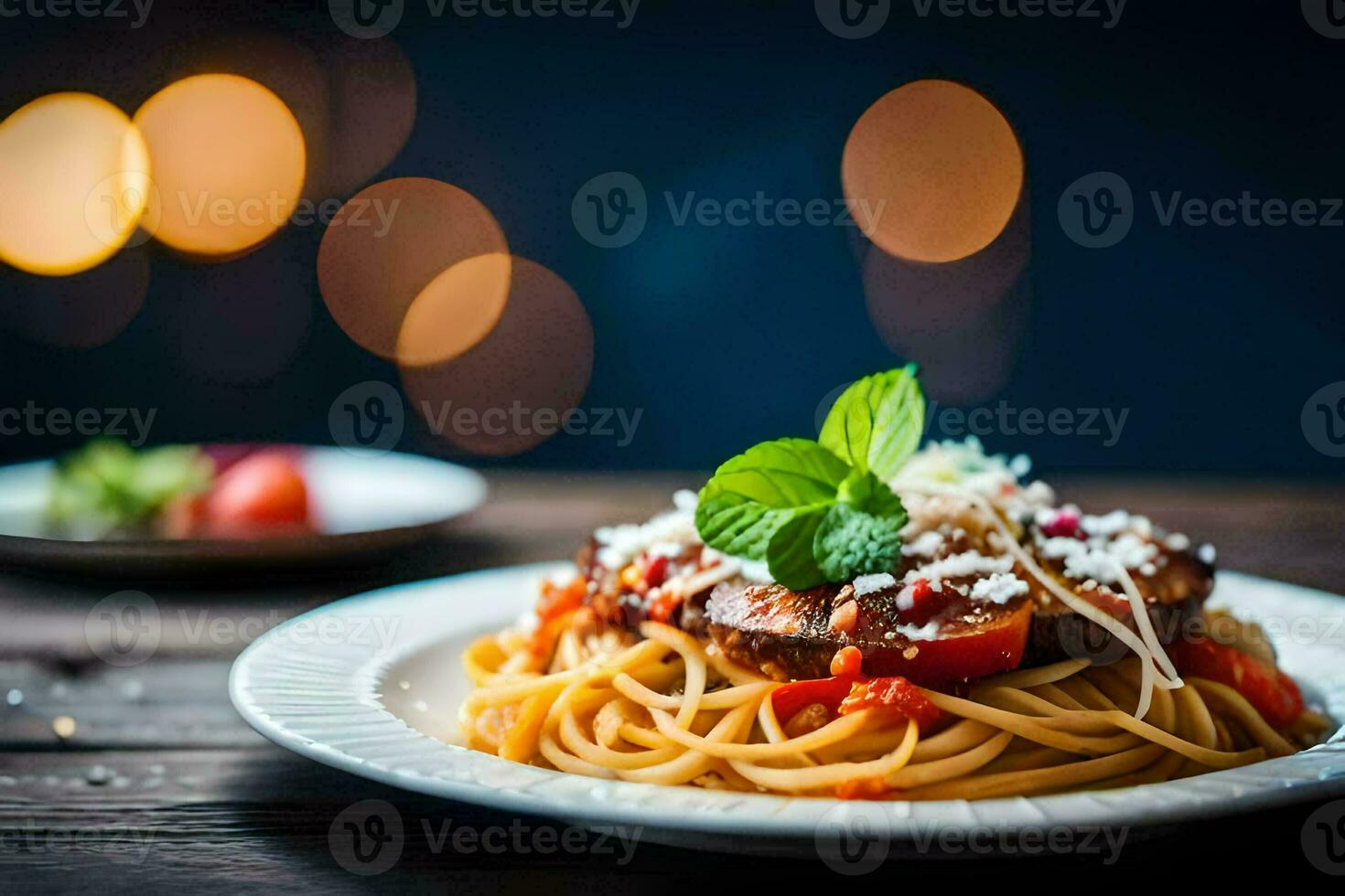 spaghetti with meat and tomatoes on a plate. AI-Generated photo