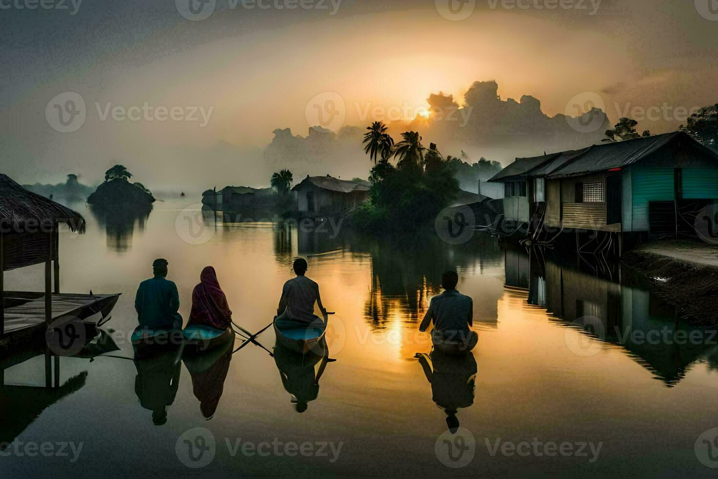 three people in a boat on a river at sunrise. AI-Generated photo