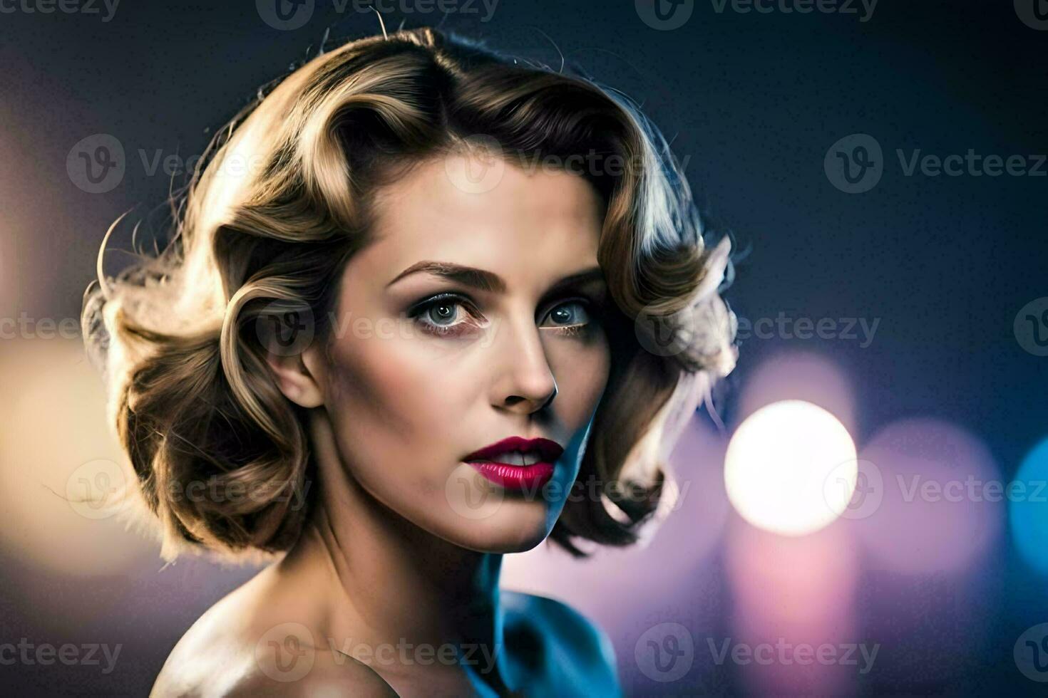 a woman with a short hair and bright lipstick. AI-Generated photo