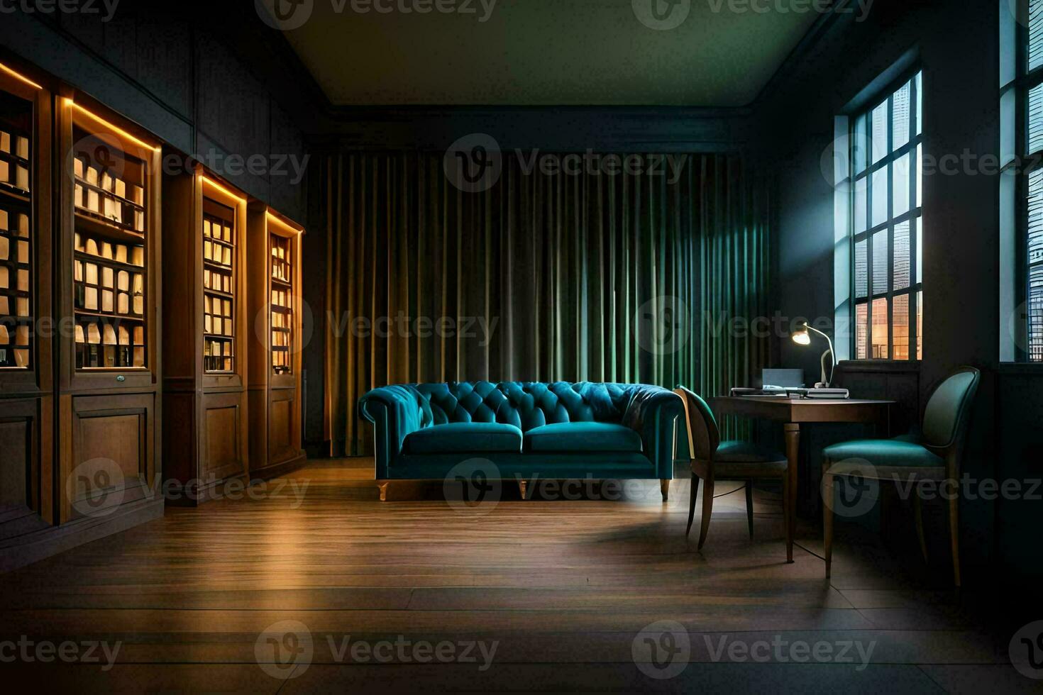 a dark room with a blue couch and bookshelves. AI-Generated photo