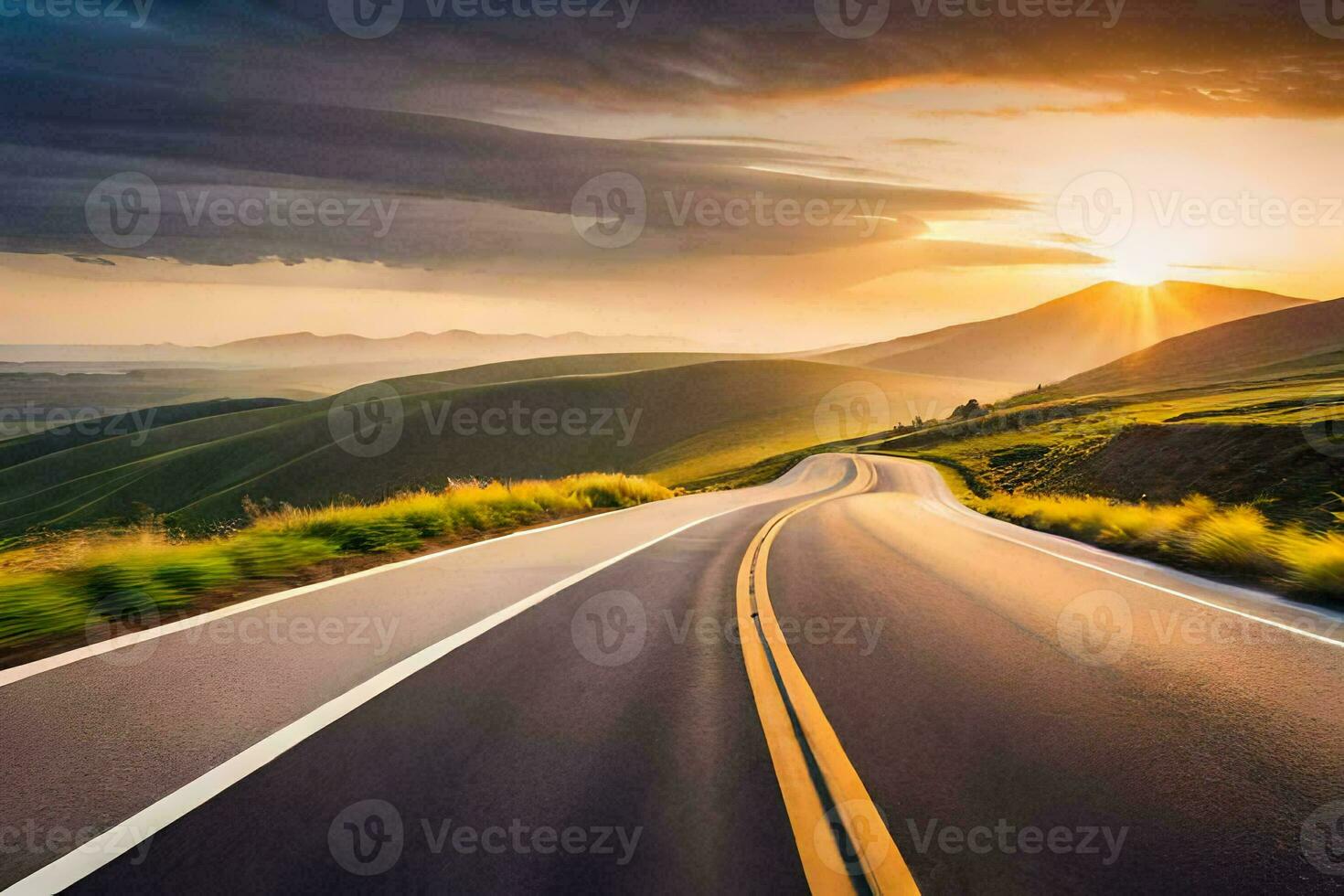a road with the sun setting behind it. AI-Generated photo