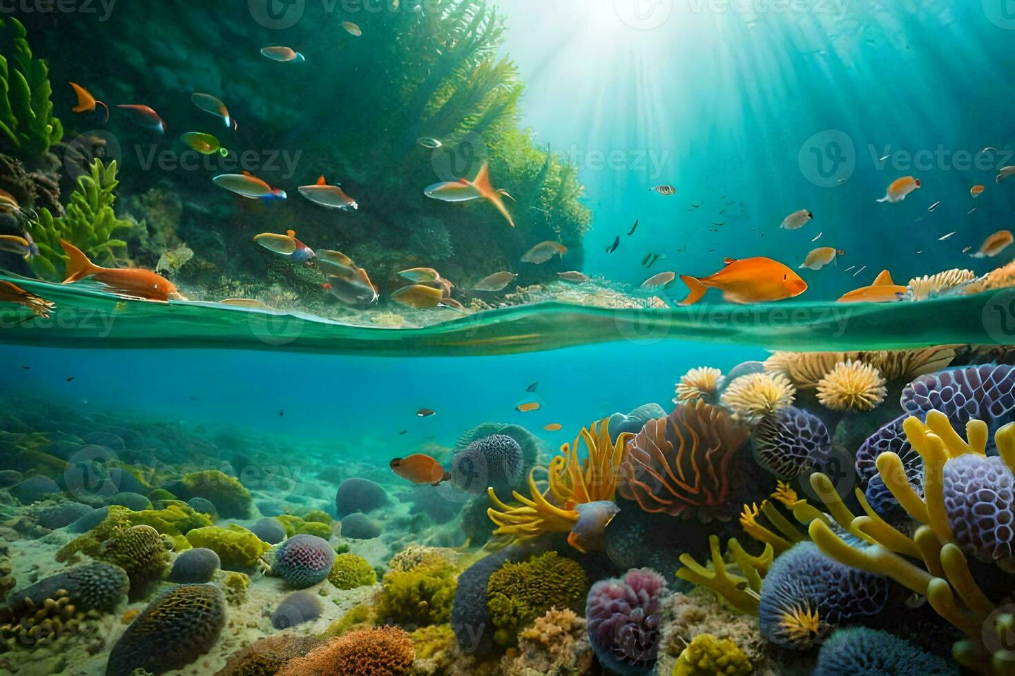 underwater scene with colorful corals and fish. AI-Generated photo