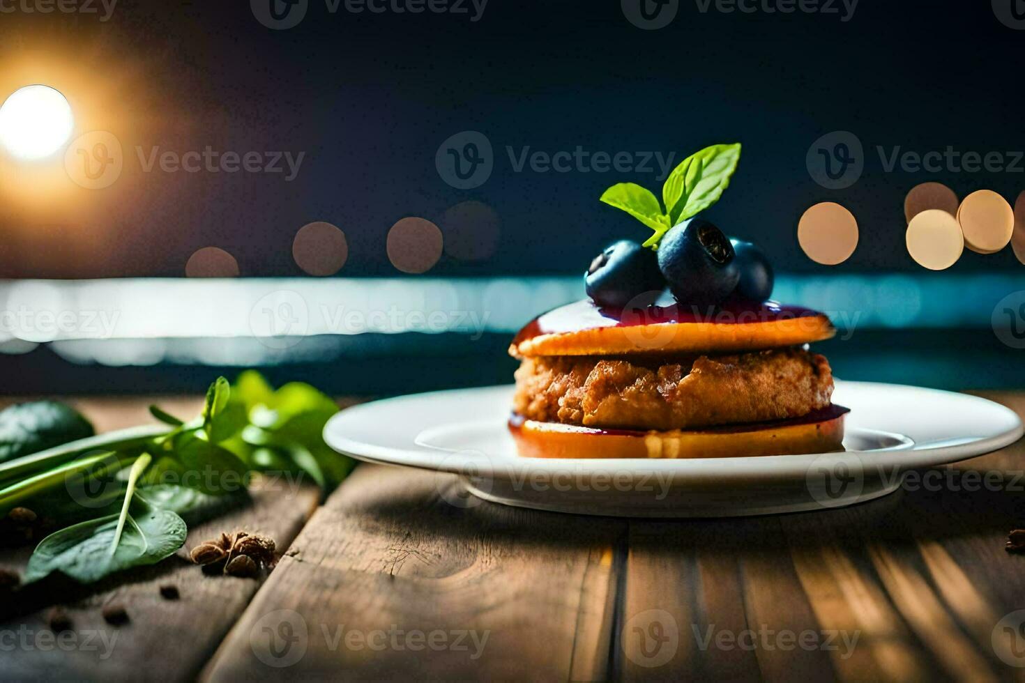 a plate with a burger and blueberries on it. AI-Generated photo