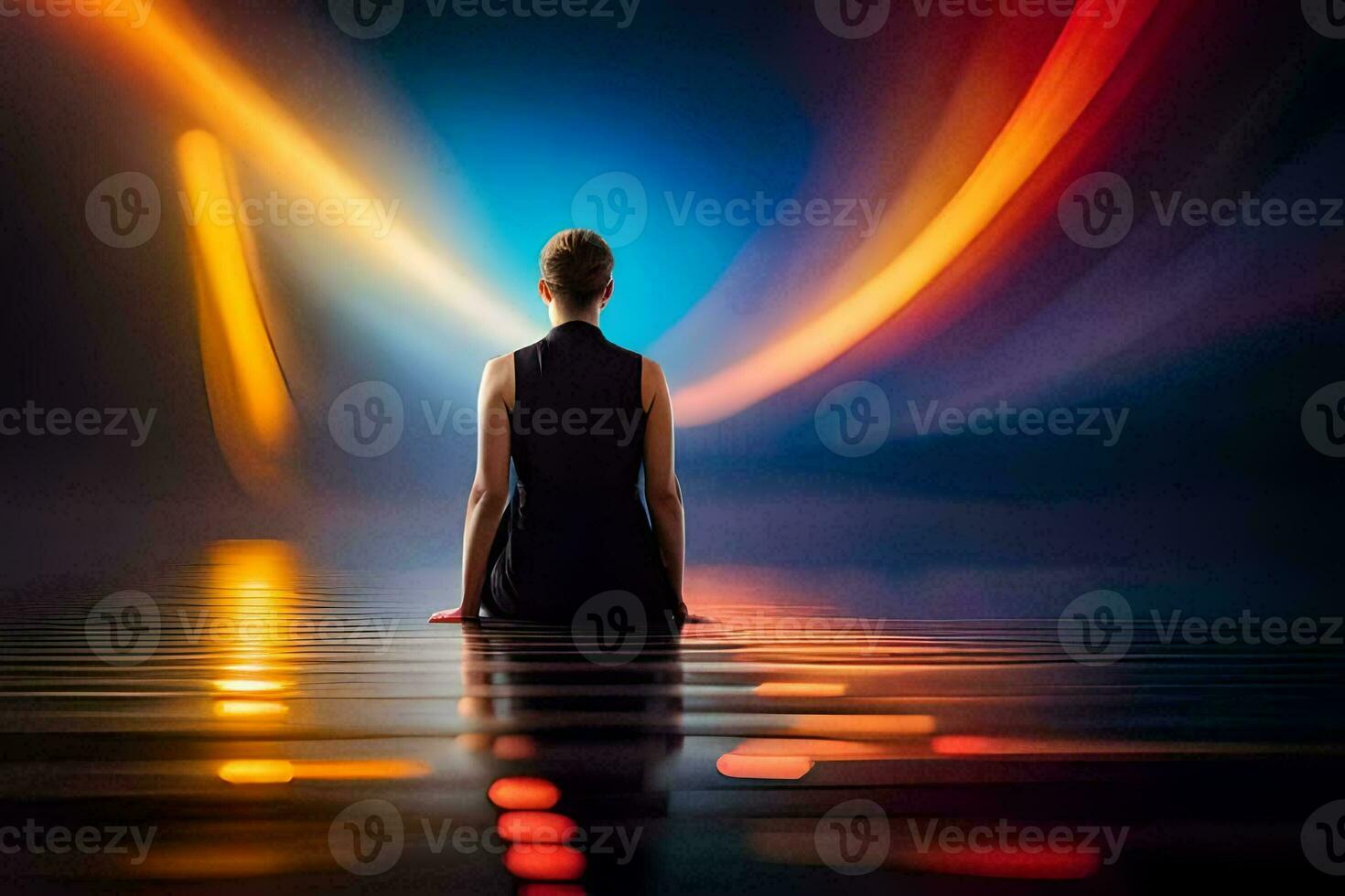 a woman sitting on the floor in front of a colorful light. AI-Generated photo