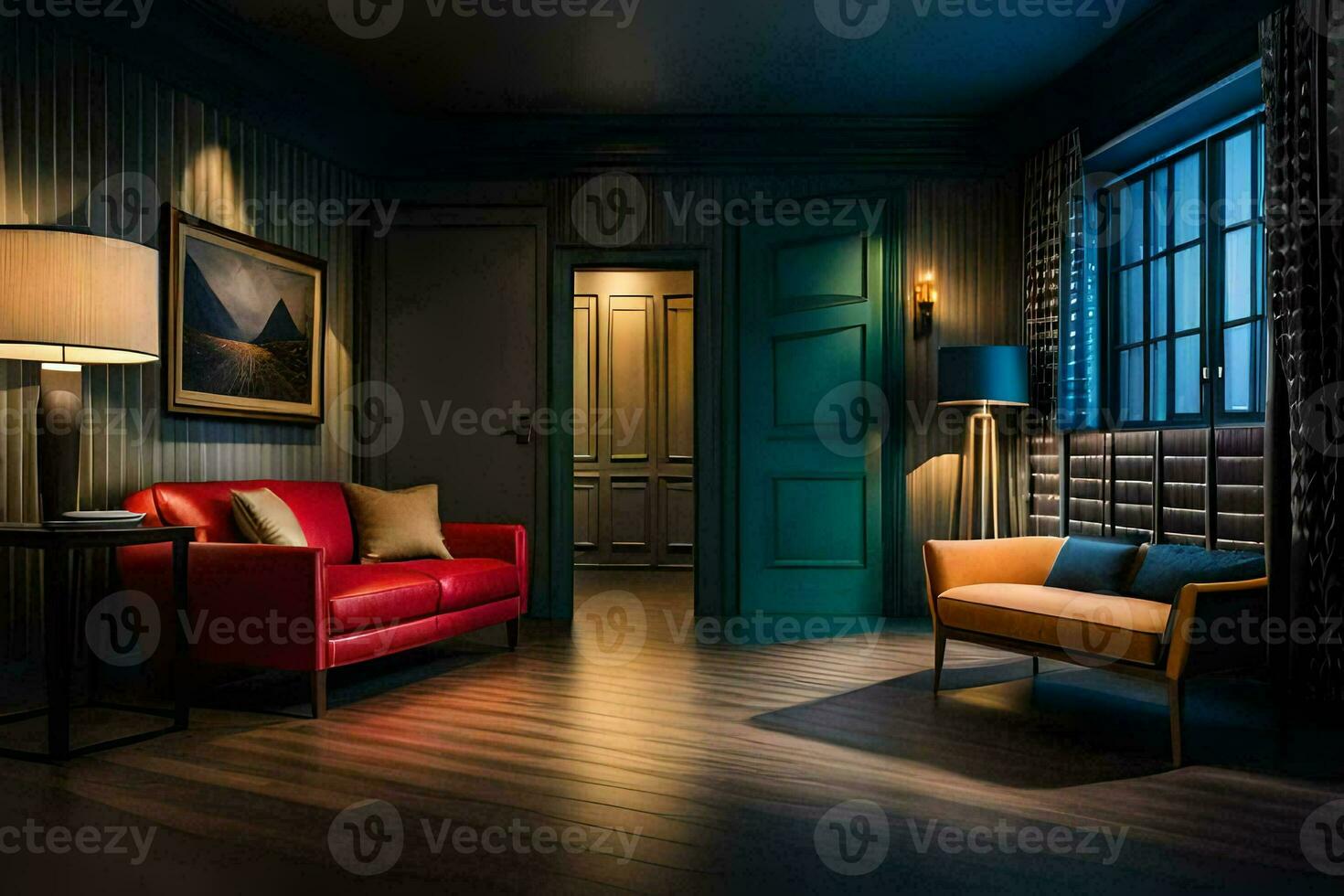 a dark room with a red couch and a lamp. AI-Generated photo