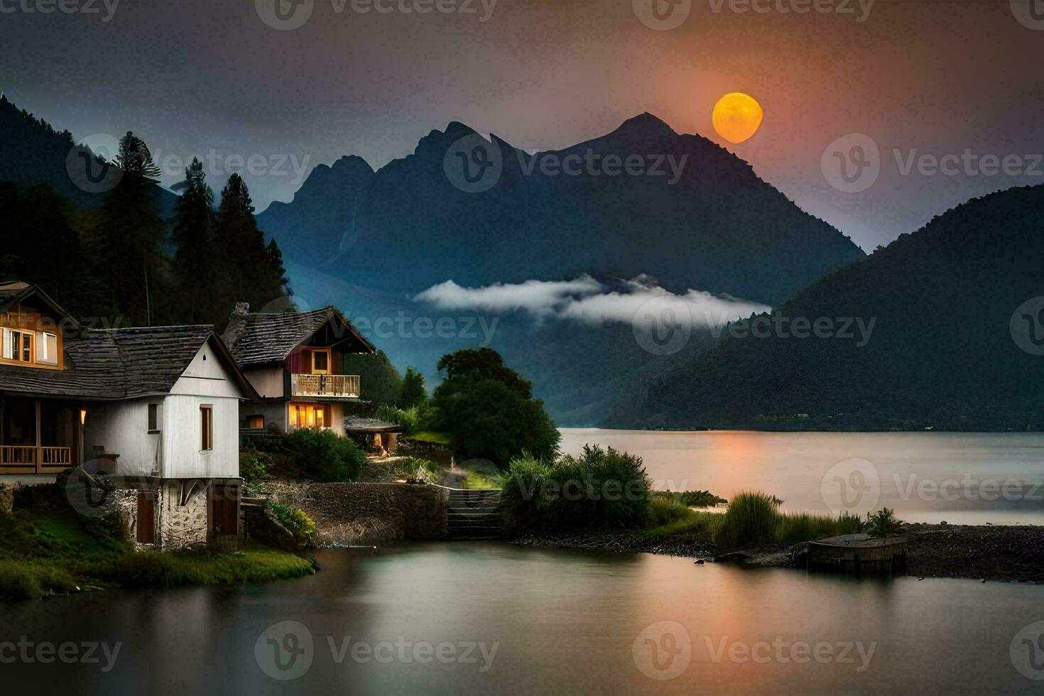 photo wallpaper the sky, mountains, lake, house, the moon, the sun, the moon. AI-Generated
