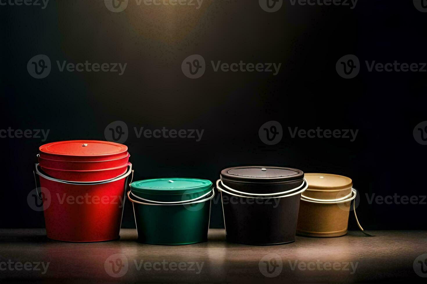 four colorful buckets on a table with a light behind them. AI-Generated photo