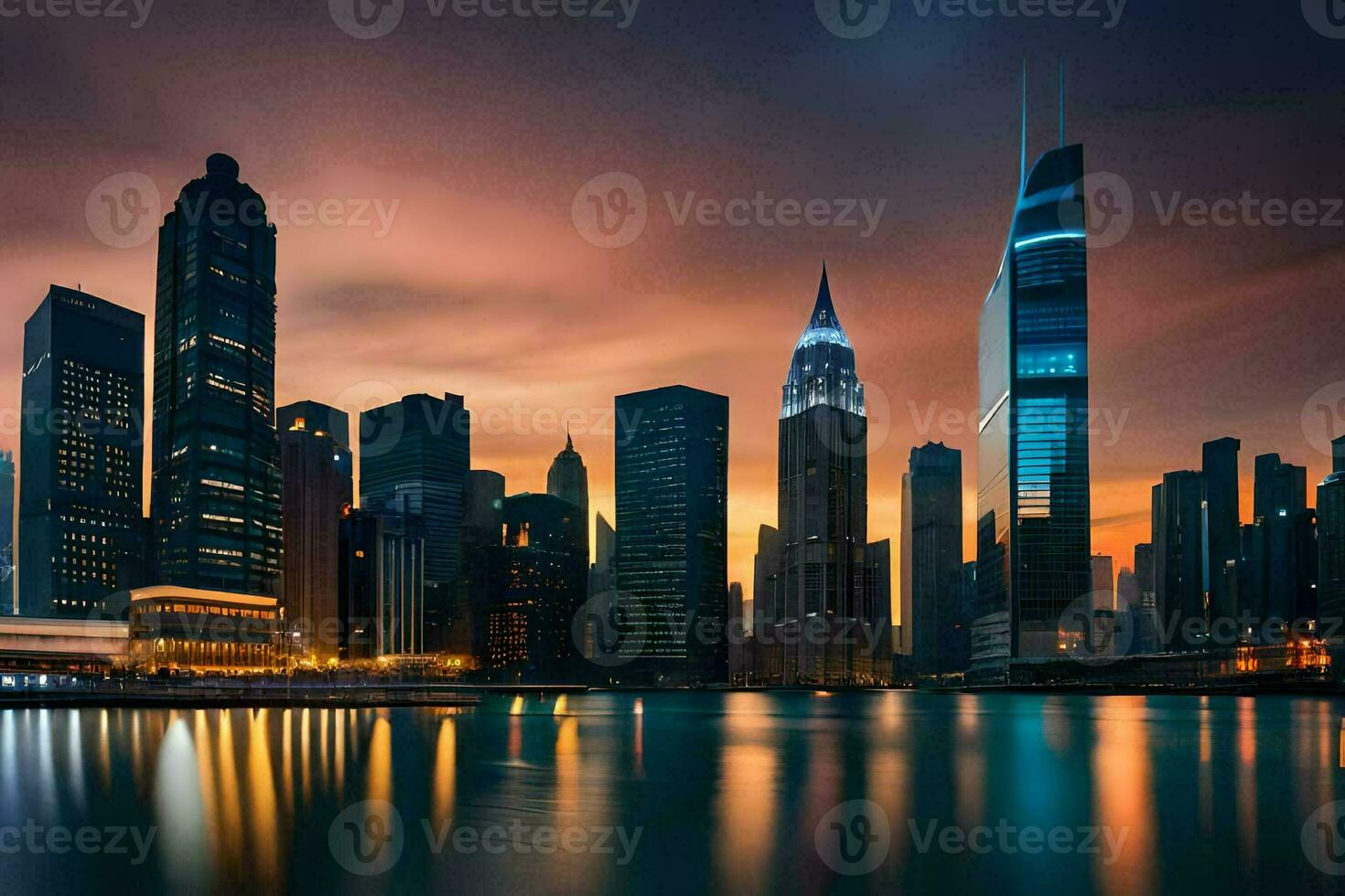 the city skyline at night with the lights reflecting off the water. AI-Generated photo