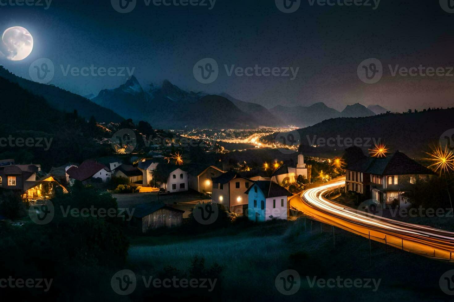 photo wallpaper the sky, mountains, night, the moon, the road, the village, the. AI-Generated