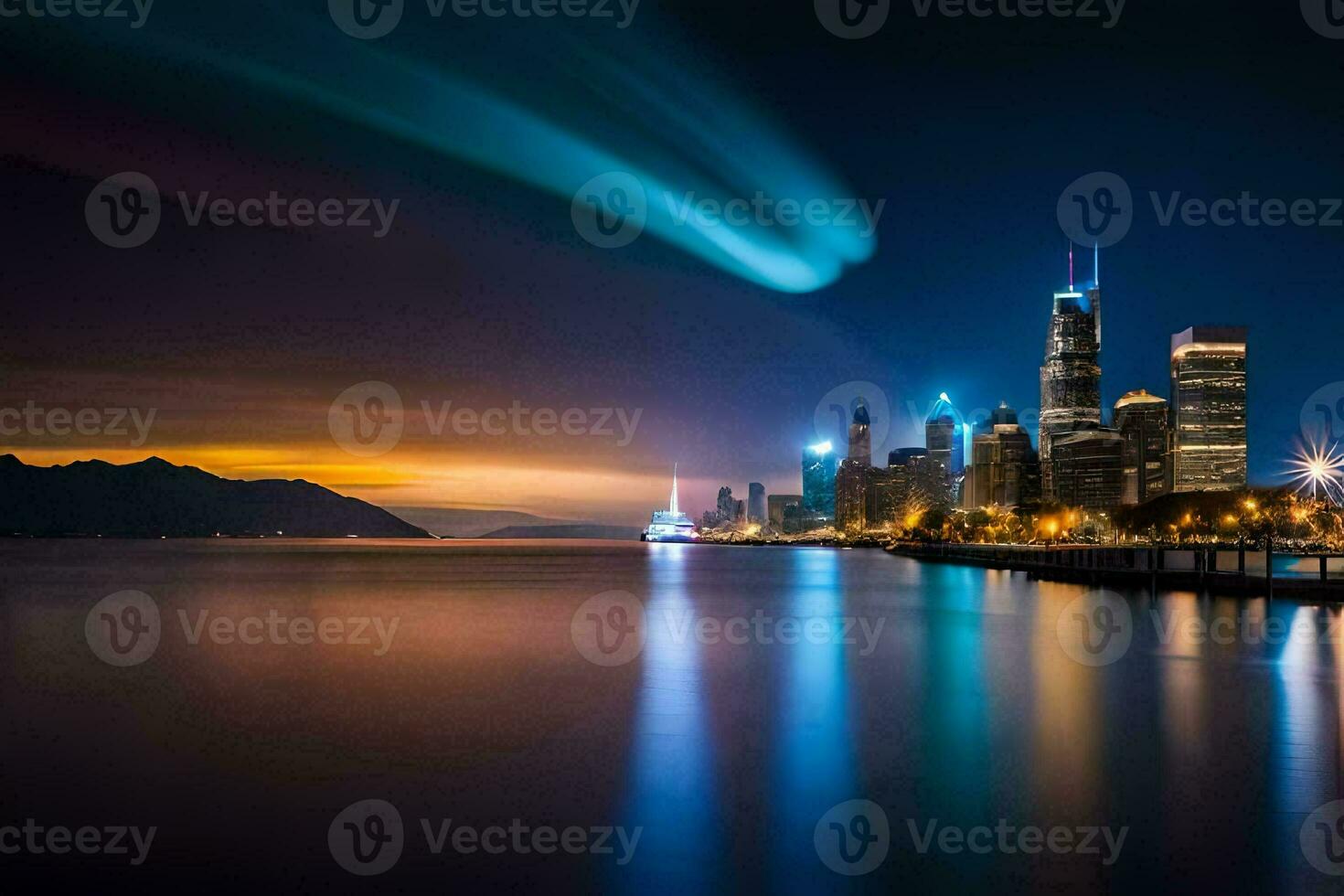 the chicago skyline at night with a light trail. AI-Generated photo