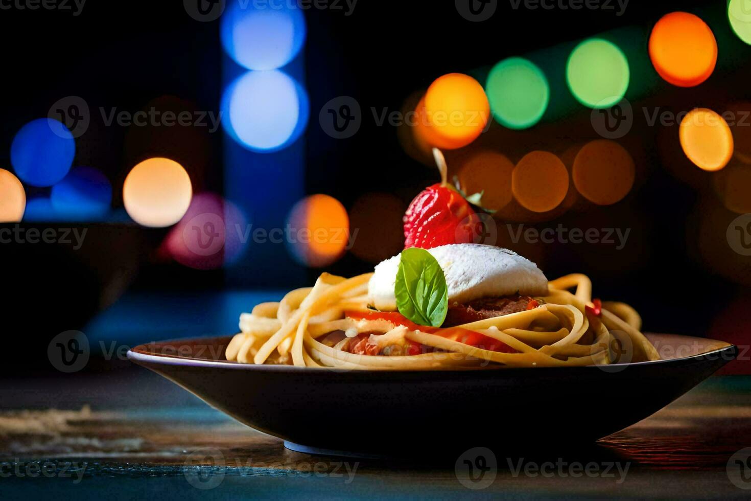 spaghetti with tomato sauce and cheese on a wooden table. AI-Generated photo